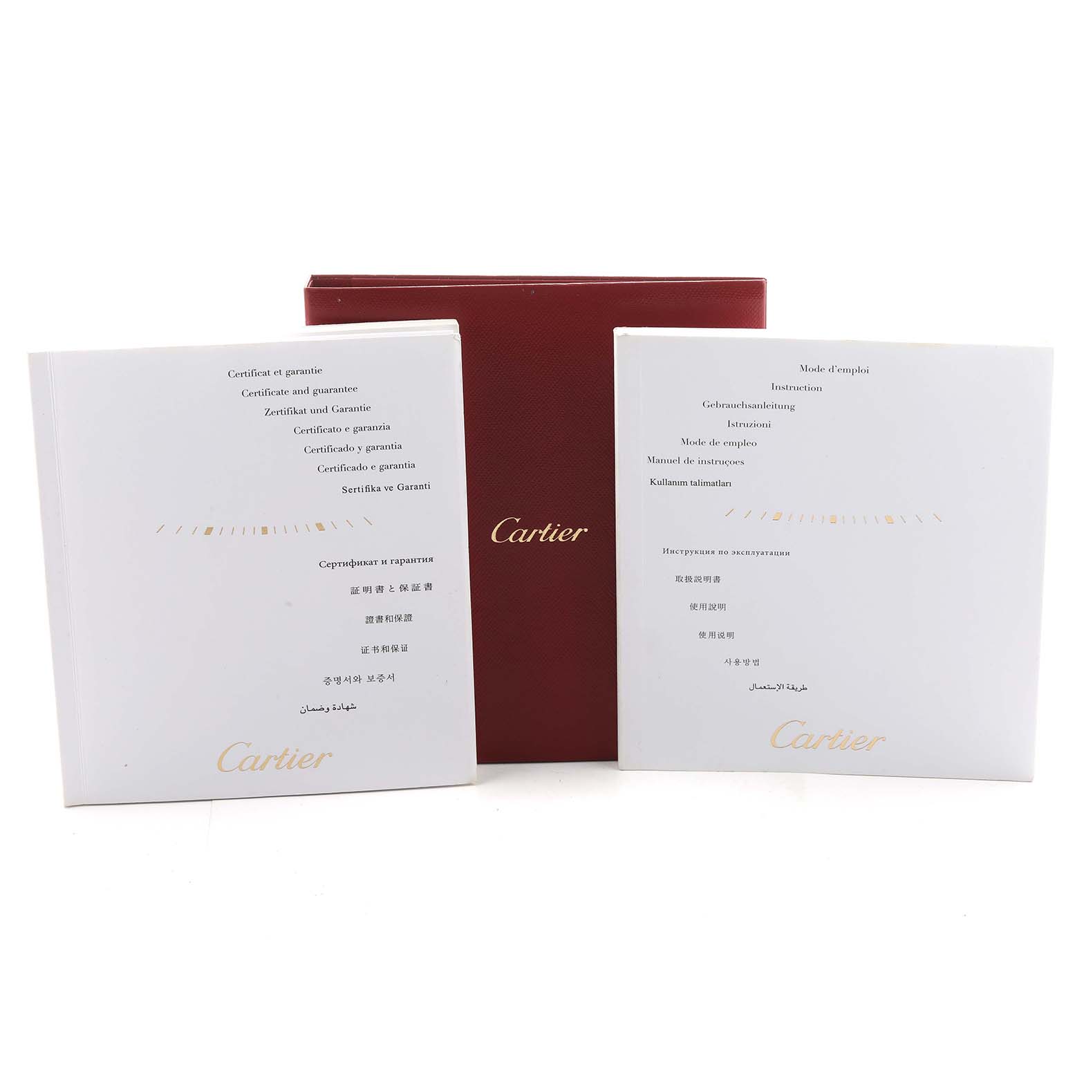 The image shows the Cartier Tank Solo W5200005 Women's Stainless Steel Silver Dial accessories, including a red box and two booklets for warranty and instructions.