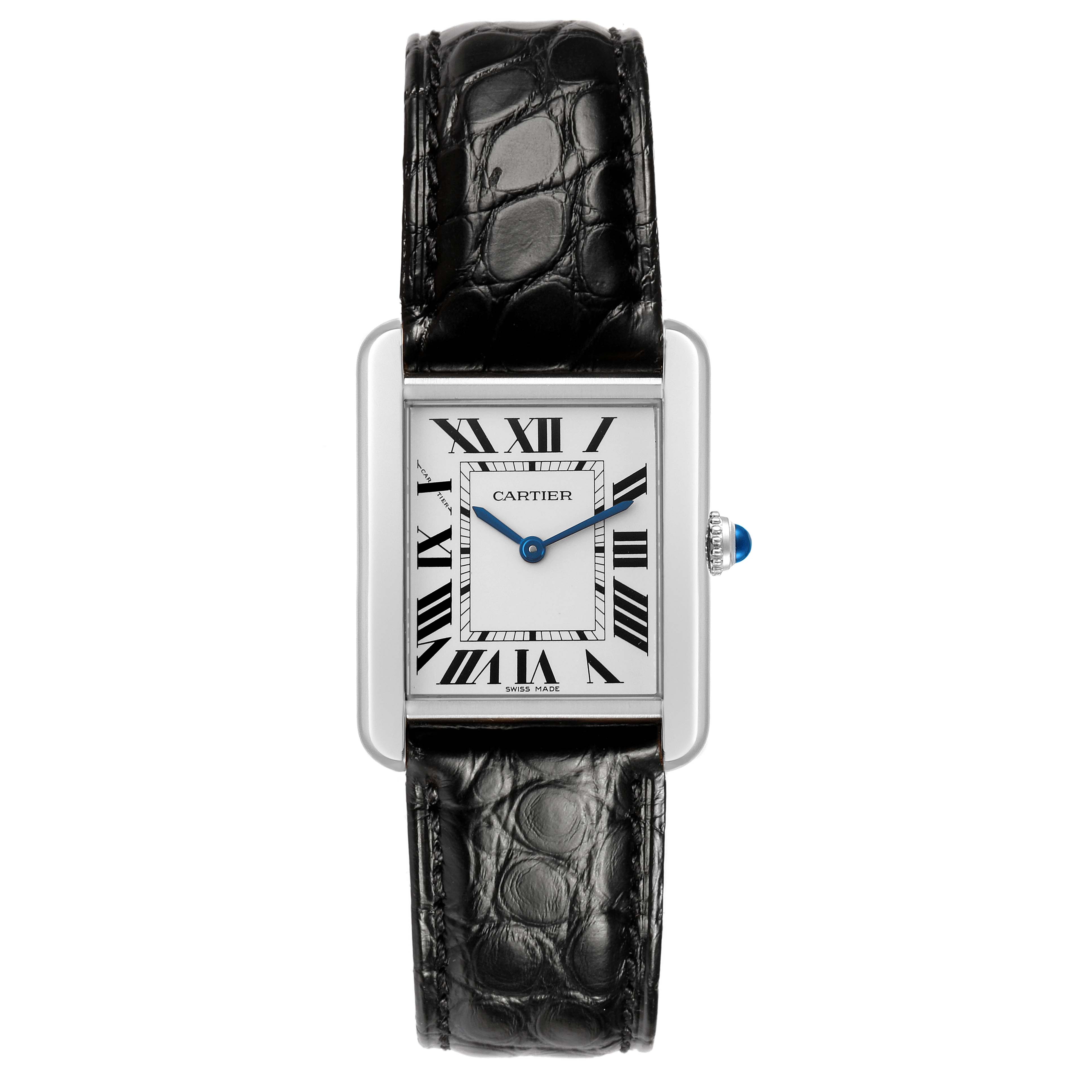The Cartier Tank Solo W5200005 Women's Stainless Steel Silver Dial watch is shown from a top view, displaying its rectangular face and black leather strap.