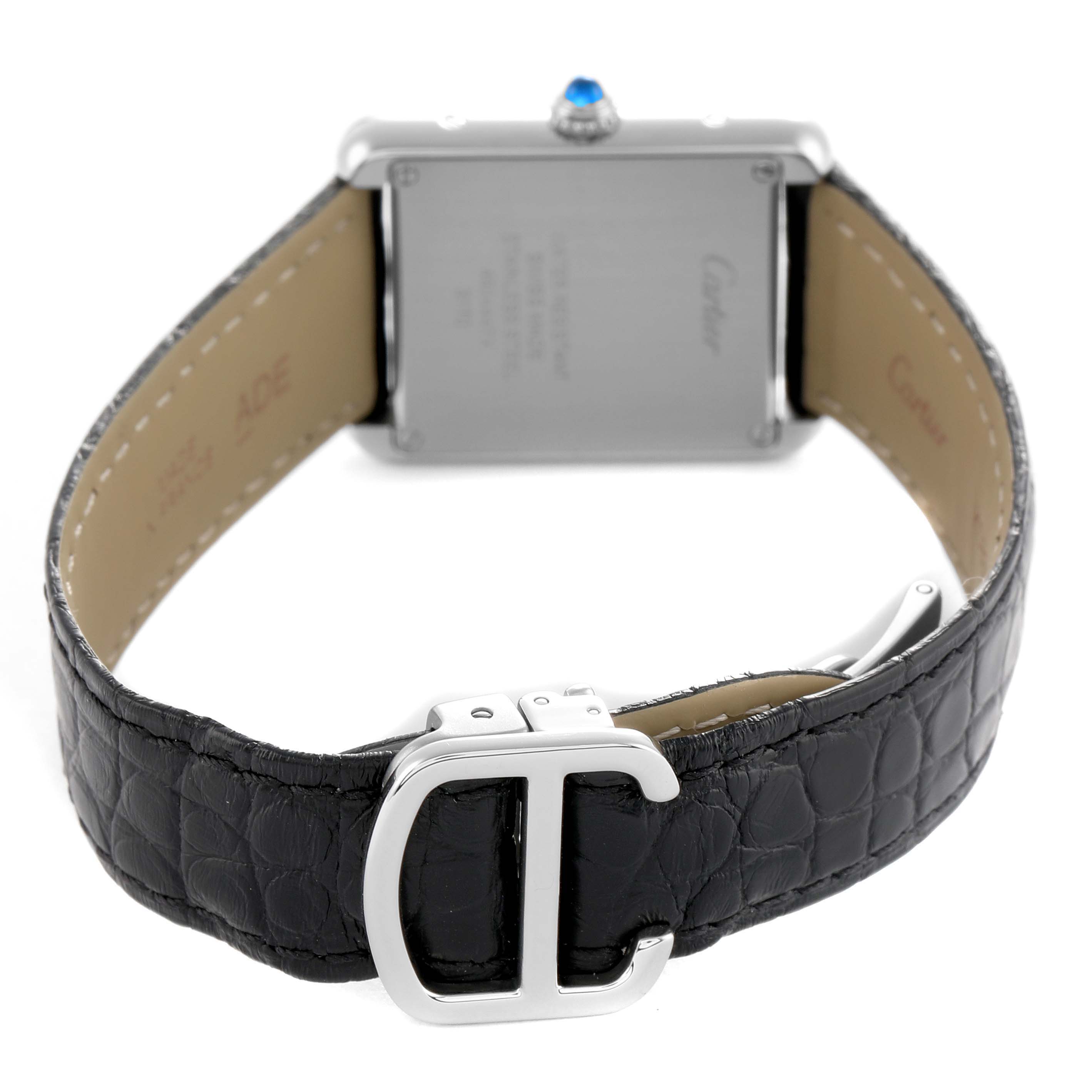 The image shows the back view of the Cartier Tank Solo W5200005 Women's Stainless Steel Silver Dial watch, highlighting the black leather strap and buckle.