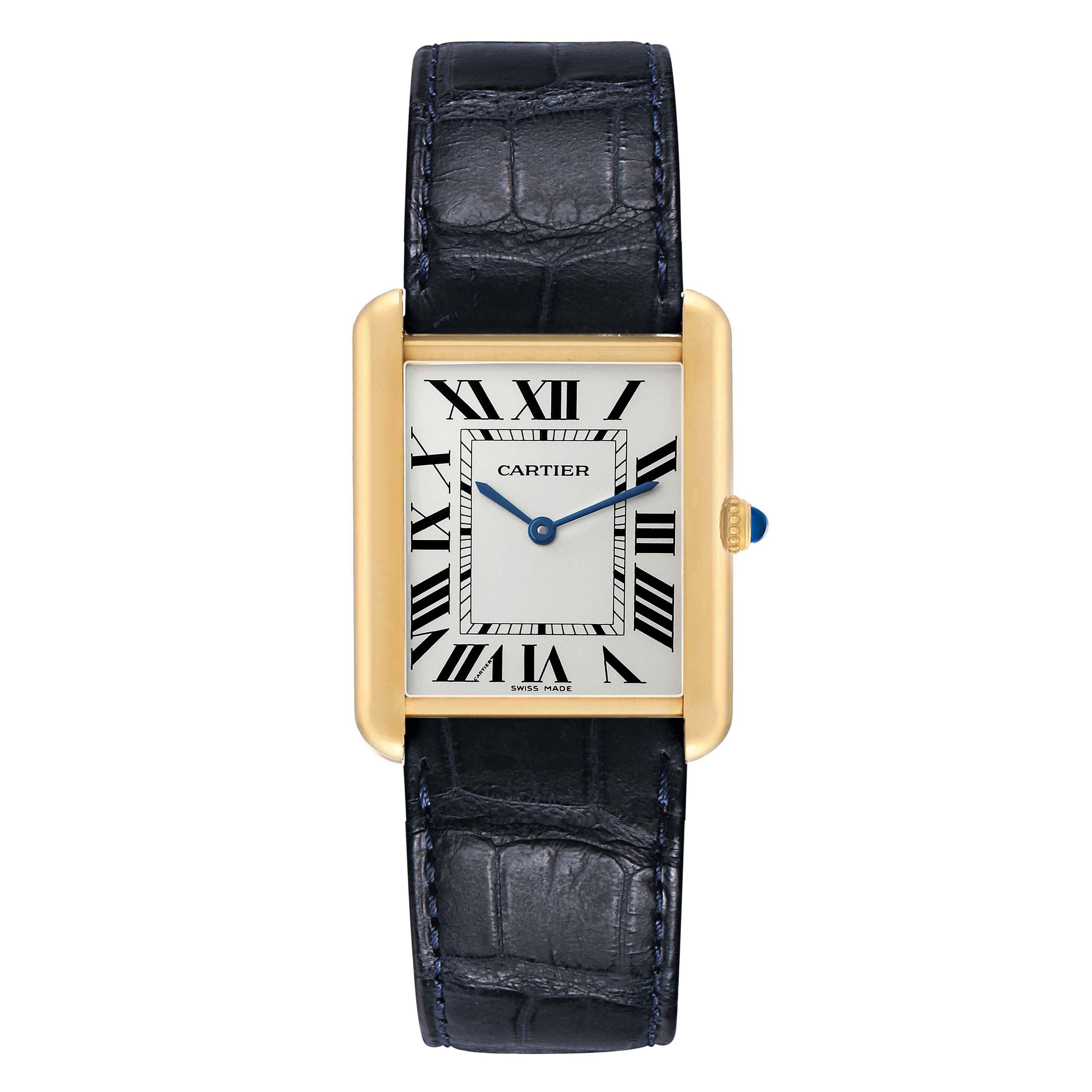 The Cartier Tank Solo W1018855 Men's Yellow Gold Silver Dial watch is shown from a top view, displaying the face, strap, and side crown.