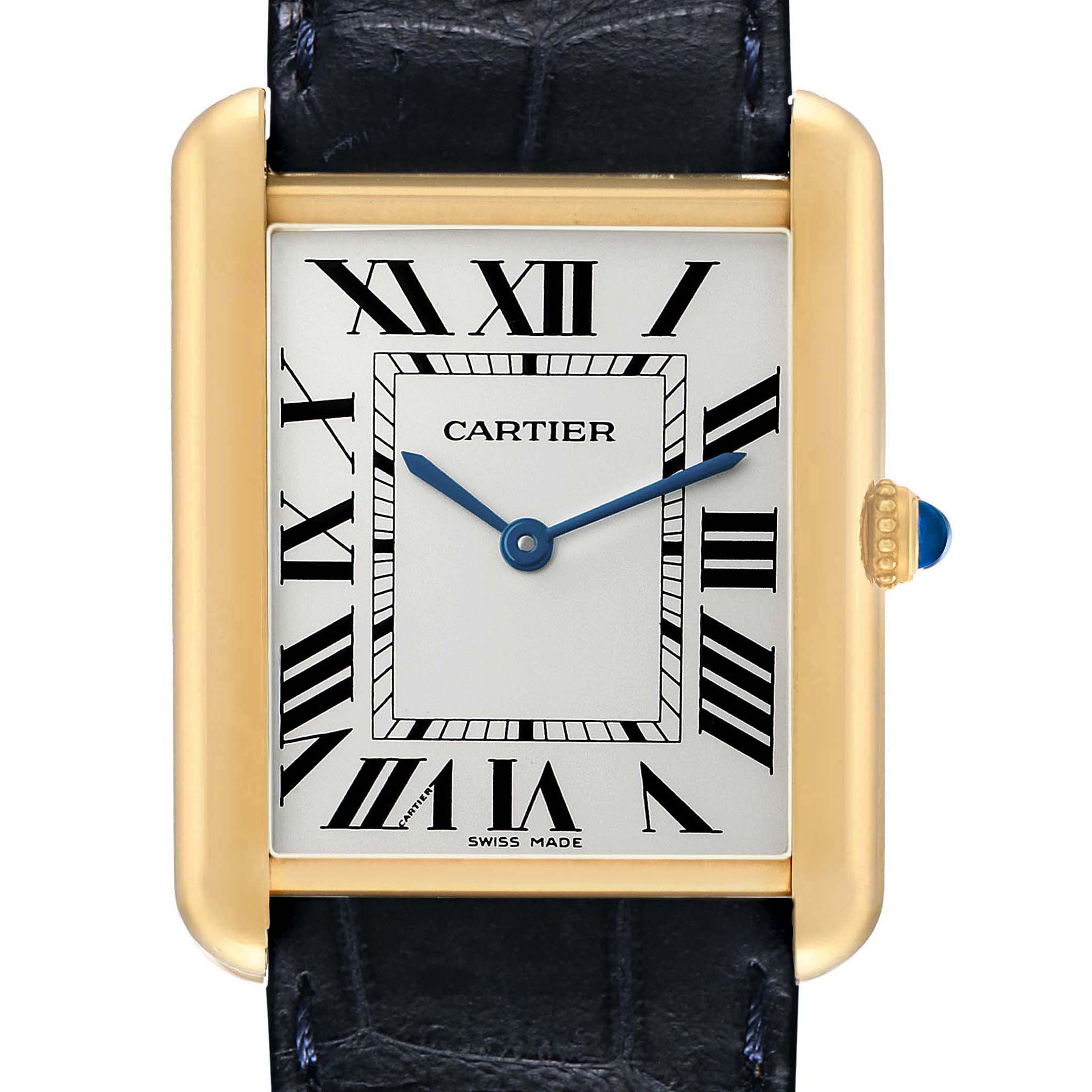 The Cartier Tank Solo W1018855 Men's Yellow Gold Silver Dial watch is shown from the front, highlighting its rectangular face, Roman numerals, and gold-tone case with a blue cabochon crown.
