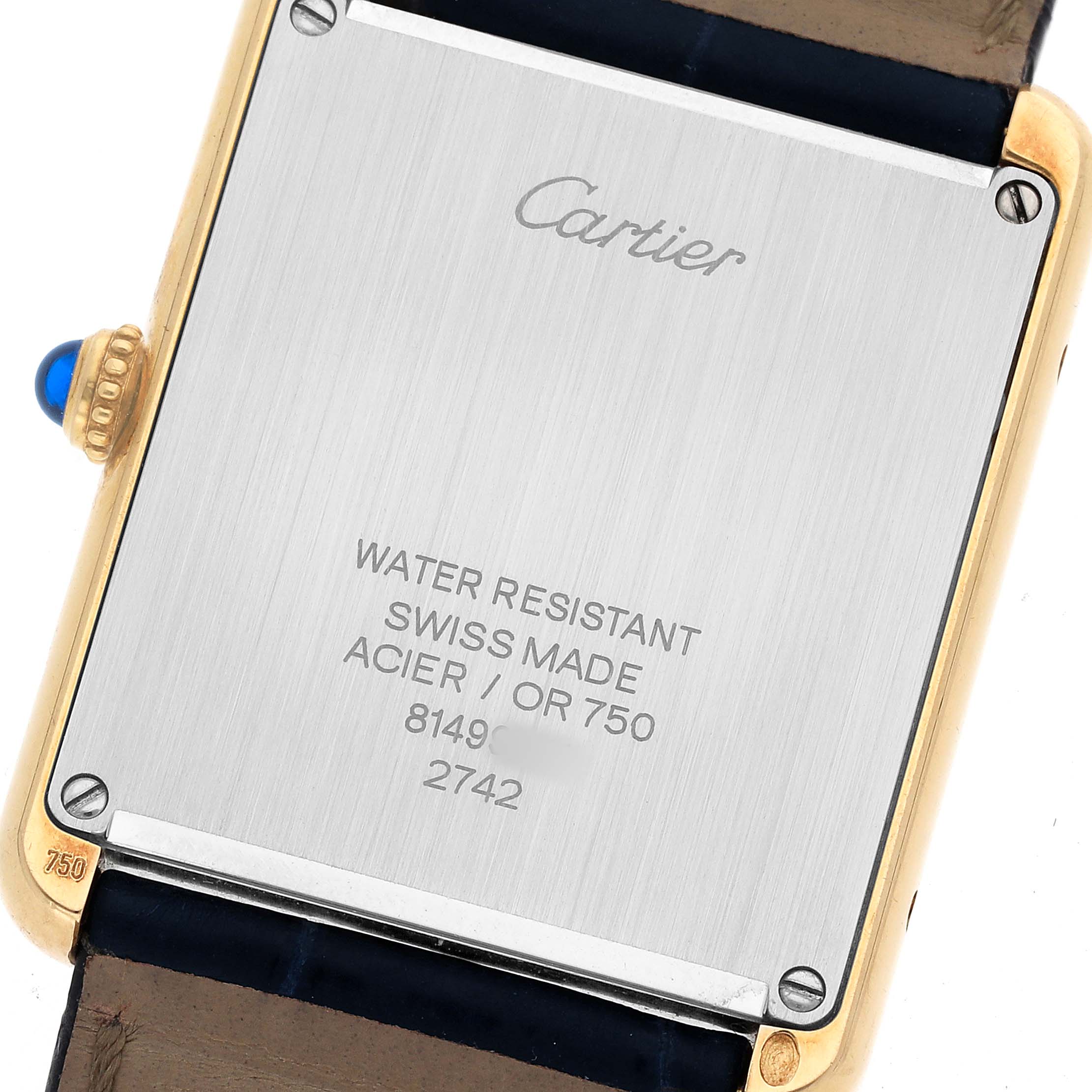 The image shows the back view of a Cartier Tank Solo W1018855 Men's Yellow Gold Silver Dial watch, displaying its case back and crown.