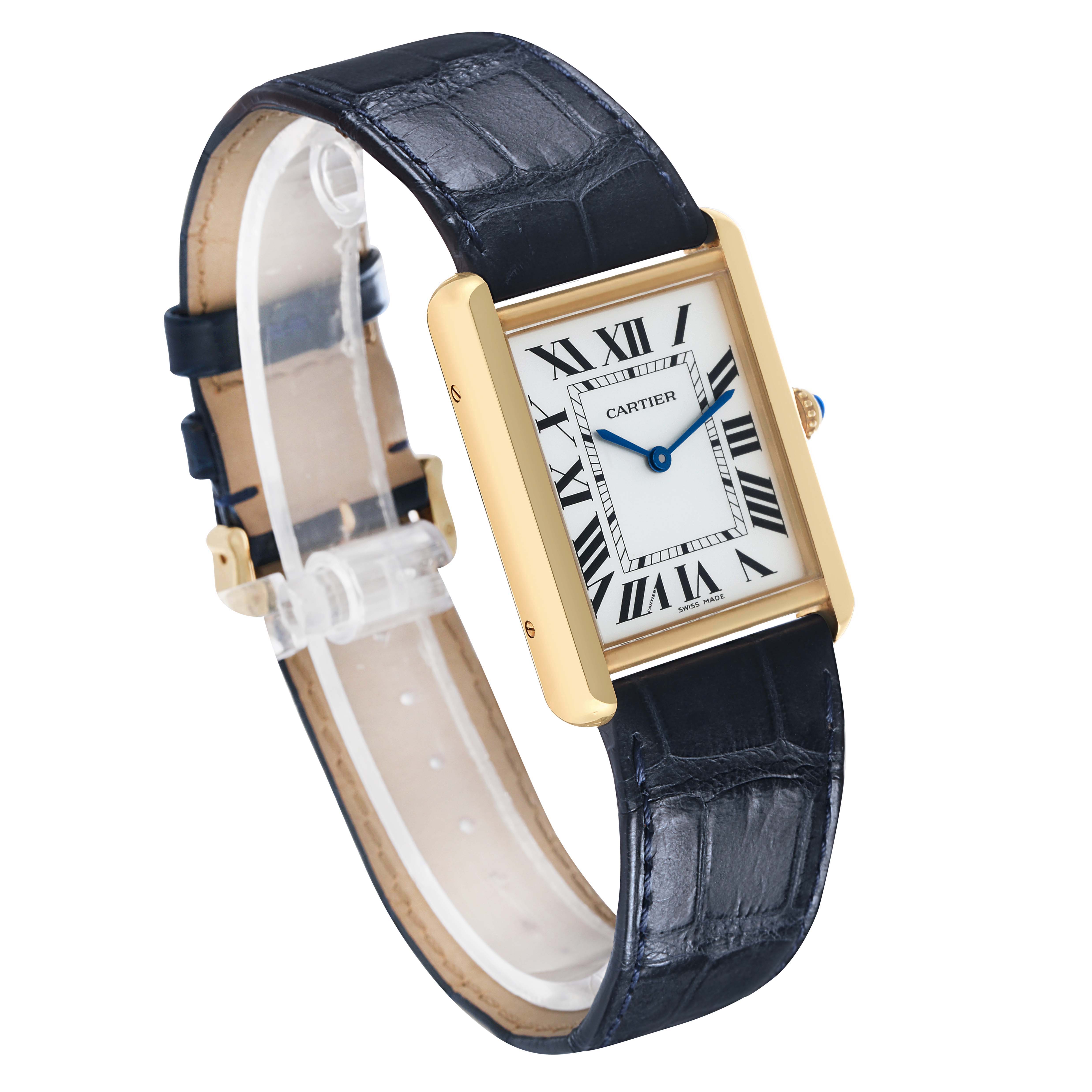 The Cartier Tank Solo W1018855 Men's Yellow Gold Silver Dial watch is shown at an angled side view, displaying its gold case, white dial with Roman numerals, and black leather strap.