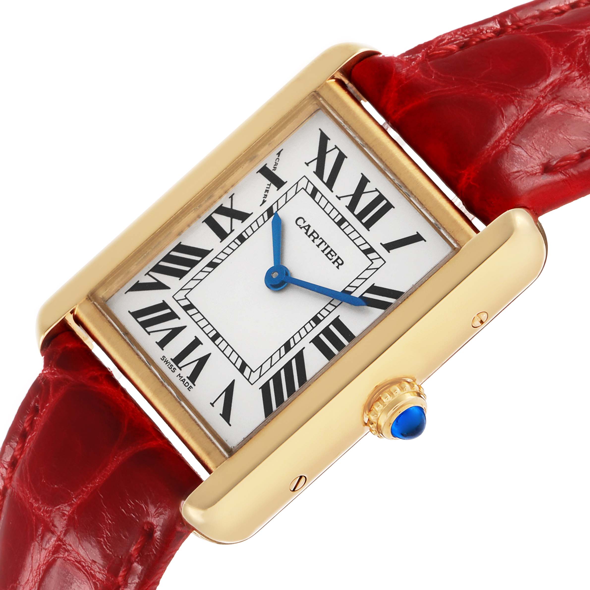 The Cartier Tank Solo W5200002 Women's Yellow Gold Silver Dial watch is shown at a slight angle highlighting the face, Roman numerals, red leather strap, and the crown with a blue cabochon.