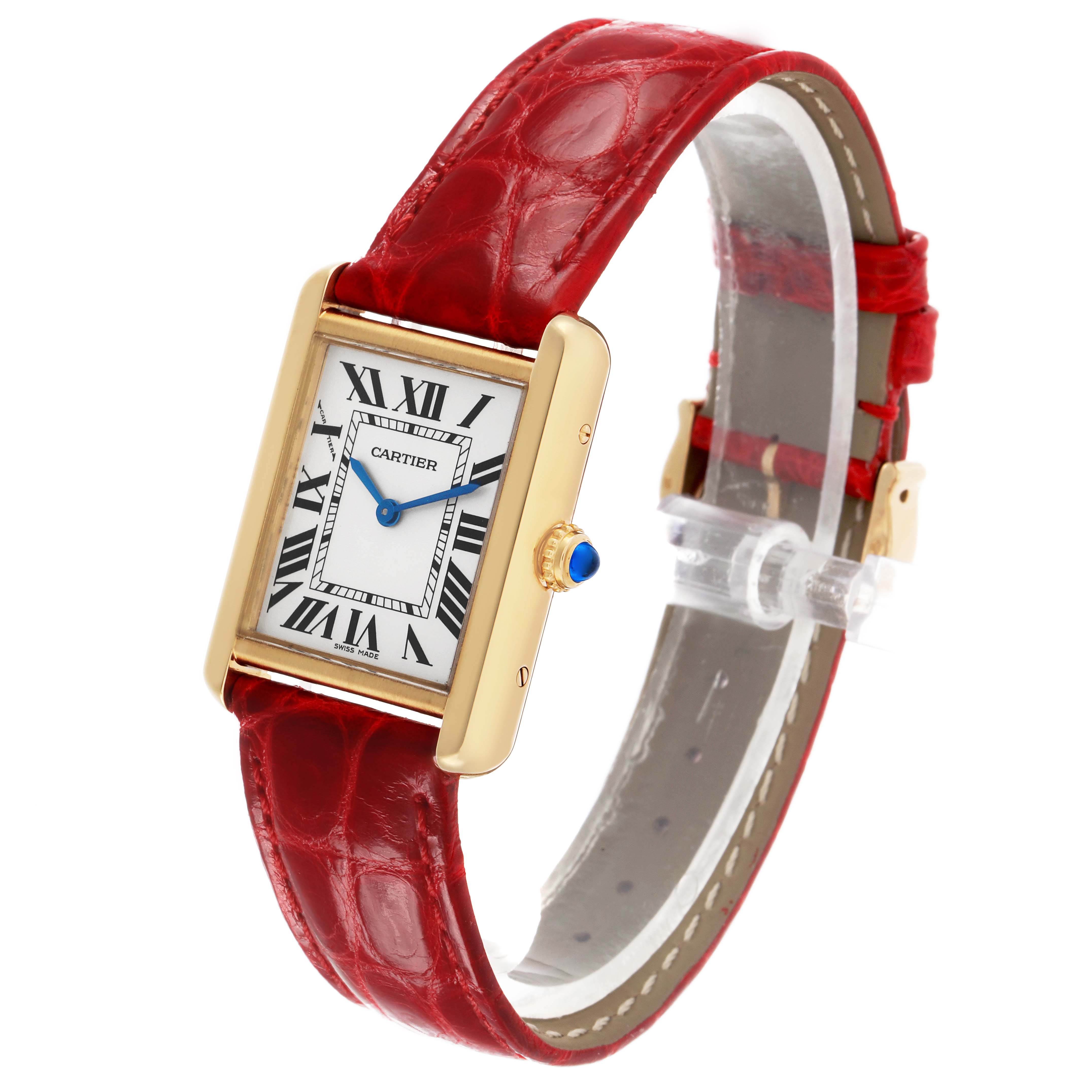 The Cartier Tank Solo W5200002 Women's Yellow Gold Silver Dial watch is shown at an angle highlighting its red leather strap, rectangular face, and gold case with a blue cabochon crown.