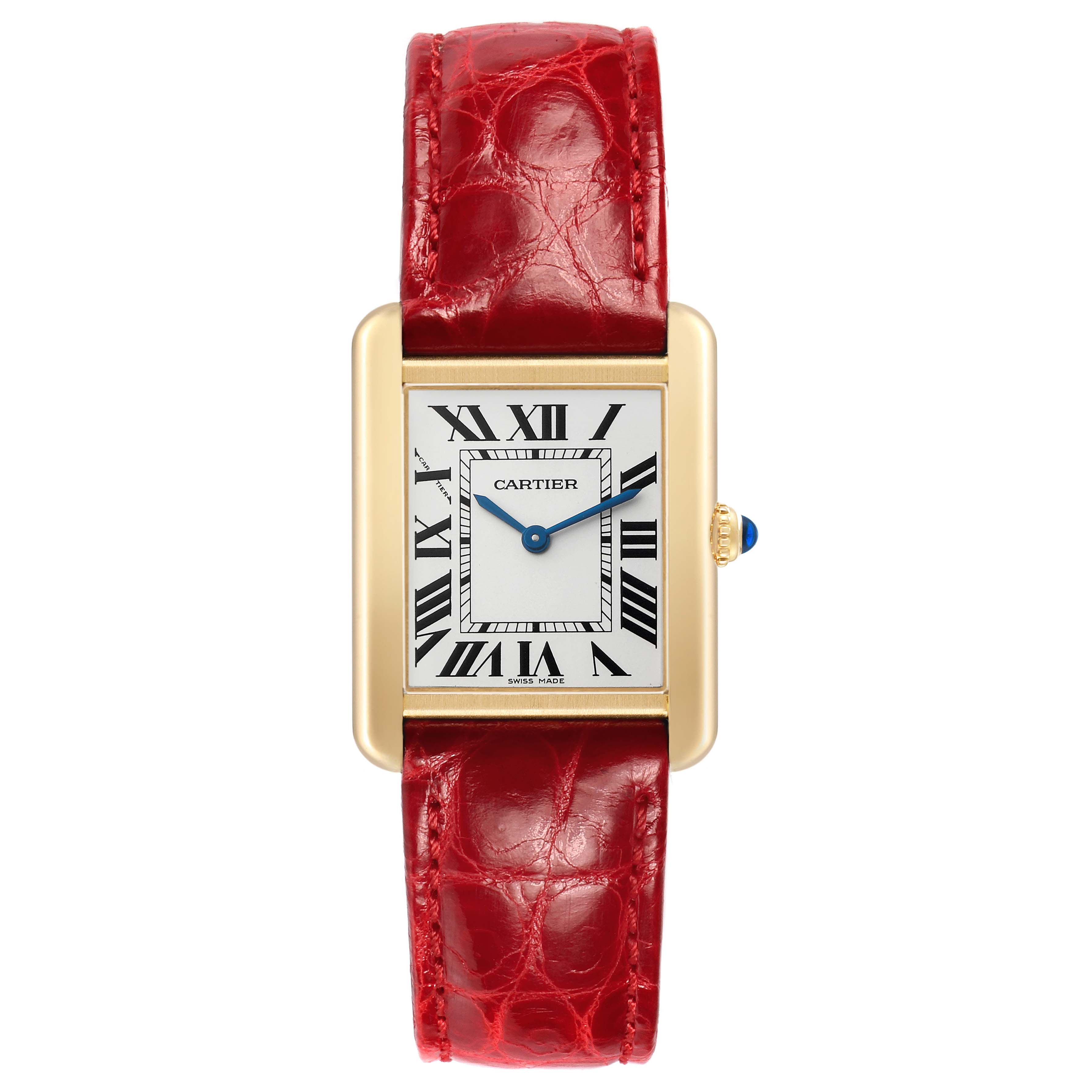 The Tank Solo by Cartier is shown from a front angle, highlighting its rectangular face and red leather strap.