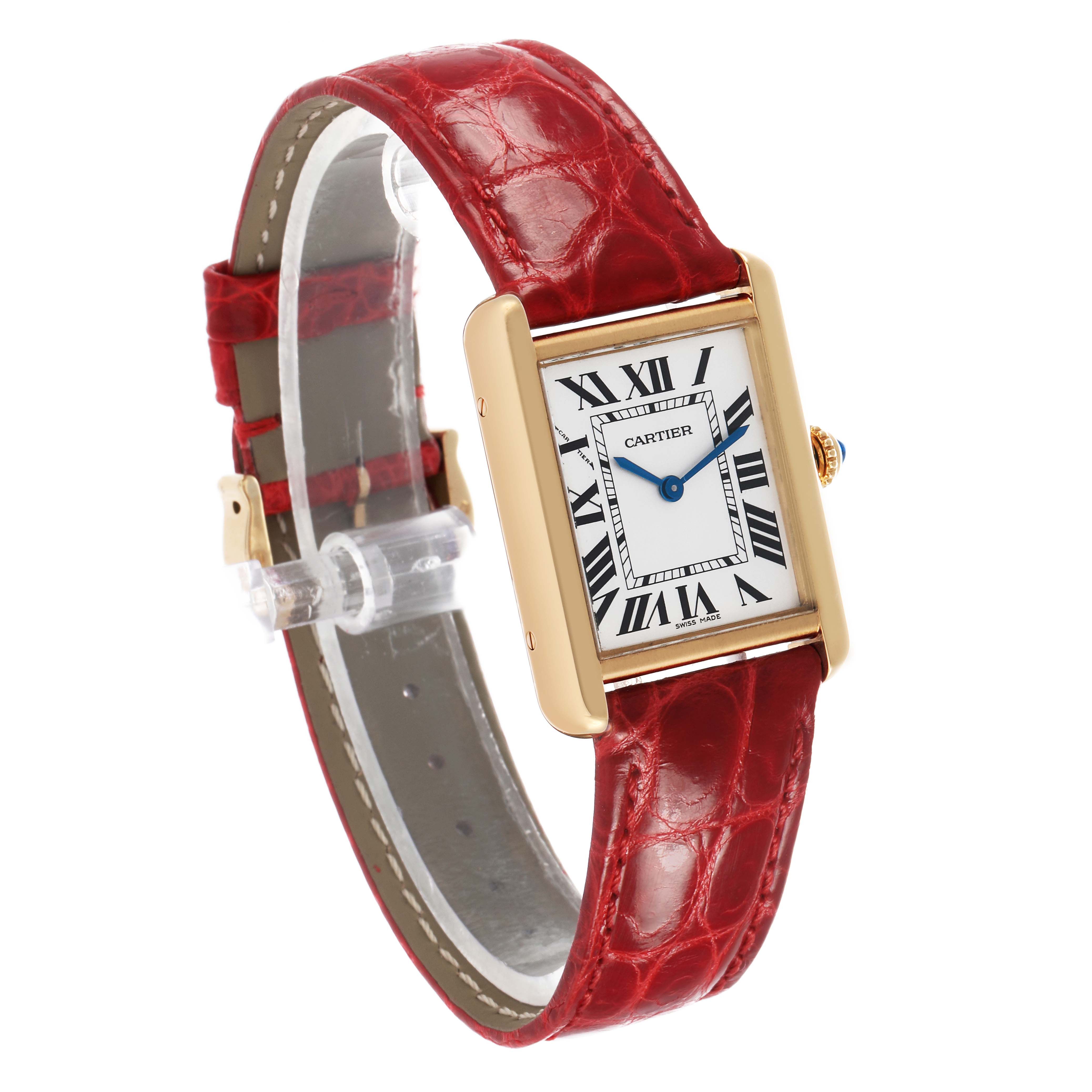 The Cartier Tank Solo W5200002 Women's Yellow Gold Silver Dial watch is shown at a three-quarter angle, highlighting the rectangular gold case, white dial, and red leather strap.