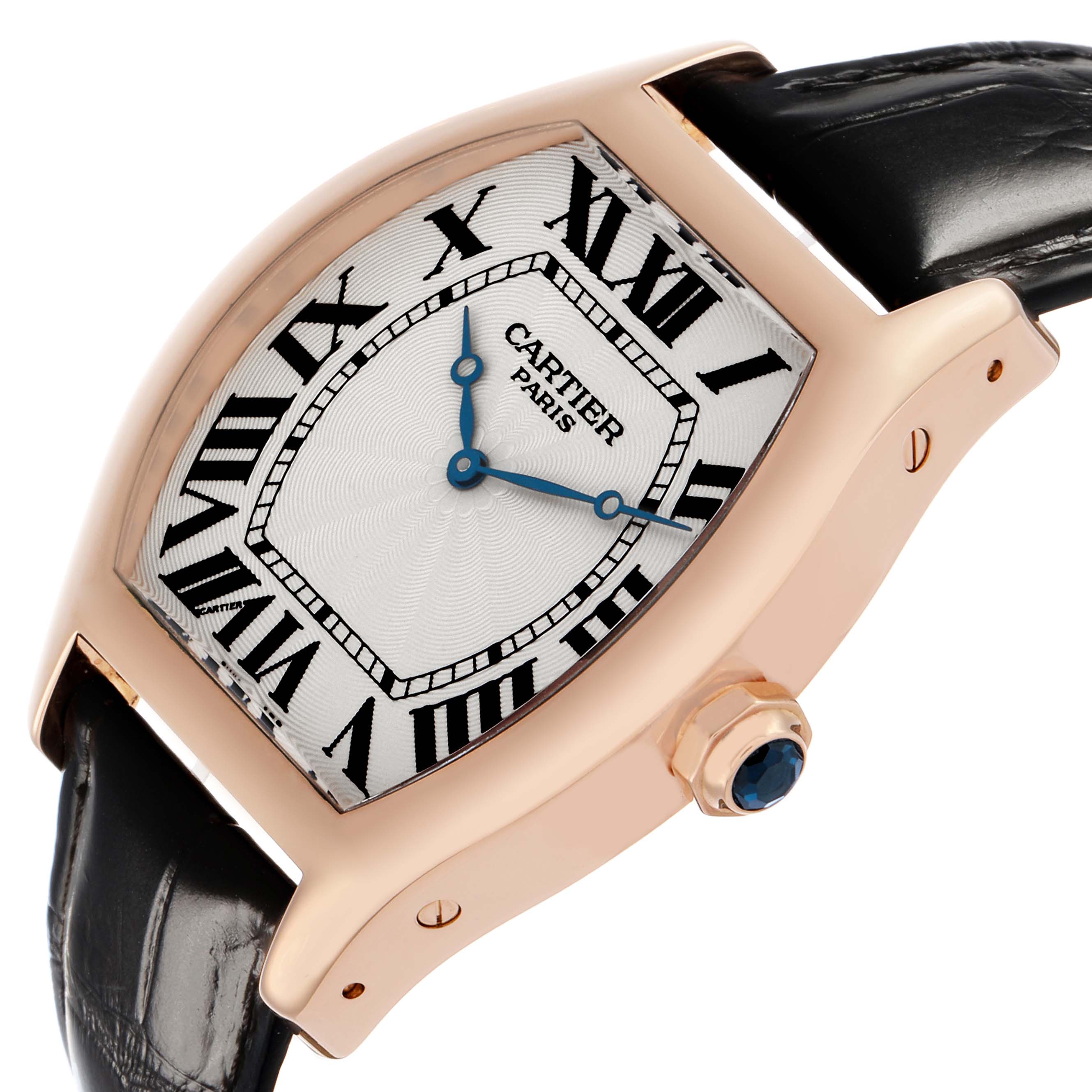 The Cartier Tortue W1546051 Men's Rose Gold Silver Dial watch is shown at a three-quarter angle, highlighting its dial, Roman numerals, crown, and leather strap.