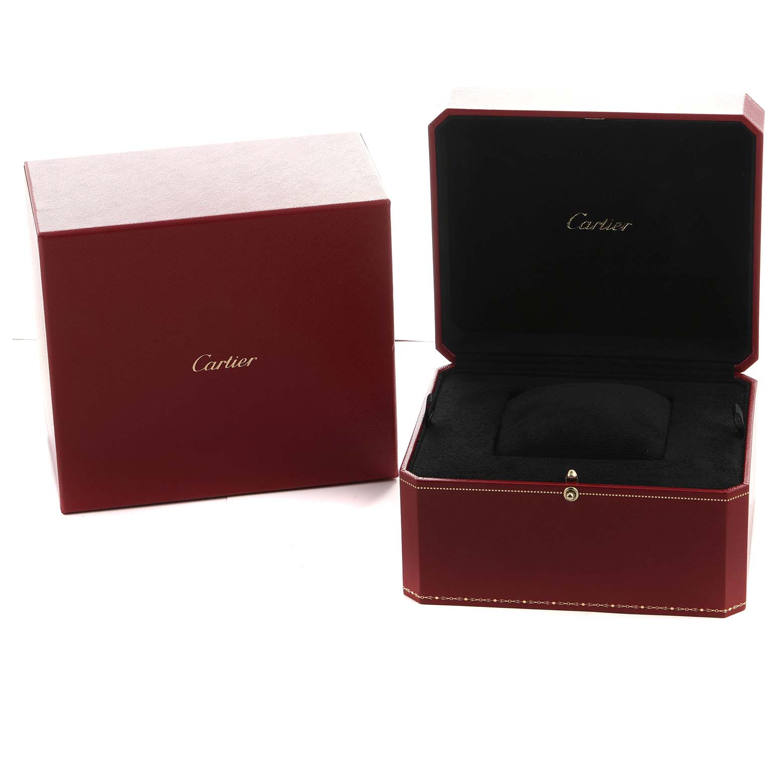 The image shows the open and closed boxes for the Cartier Tortue W1546051 Men's Rose Gold Silver Dial watch, highlighting their red exterior and black interior.