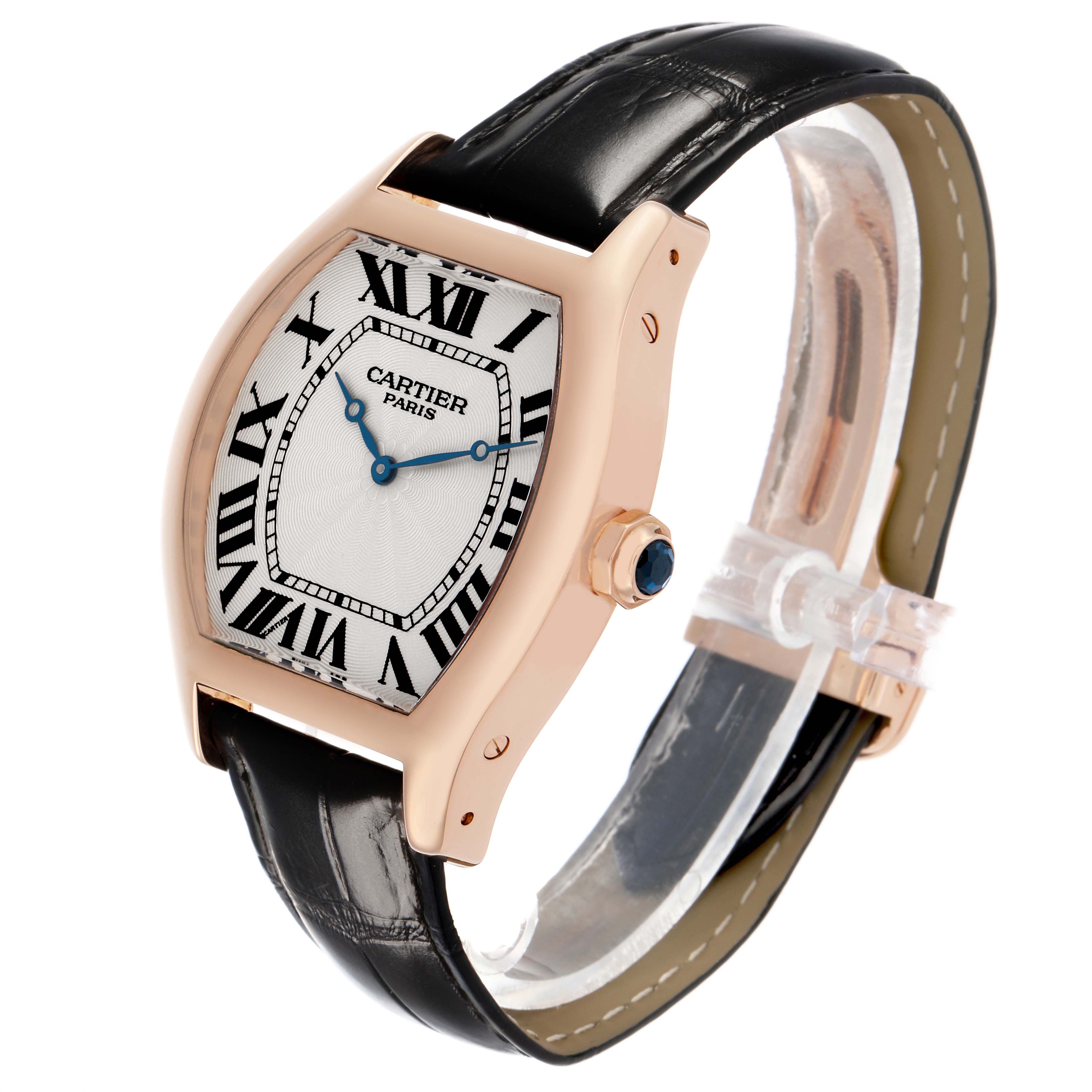 The Cartier Tortue W1546051 Men's Rose Gold Silver Dial watch is shown at a three-quarter angle, displaying the face, case, crown, and black leather strap.