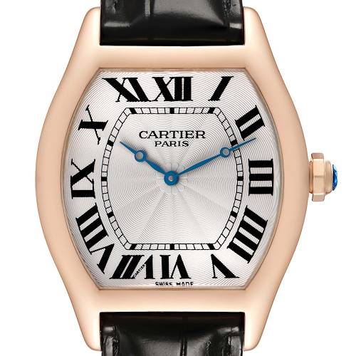 The Cartier Tortue W1546051 Men's Rose Gold Silver Dial watch is shown from the front, highlighting its face, Roman numerals, blue hands, and crown with a blue gem.