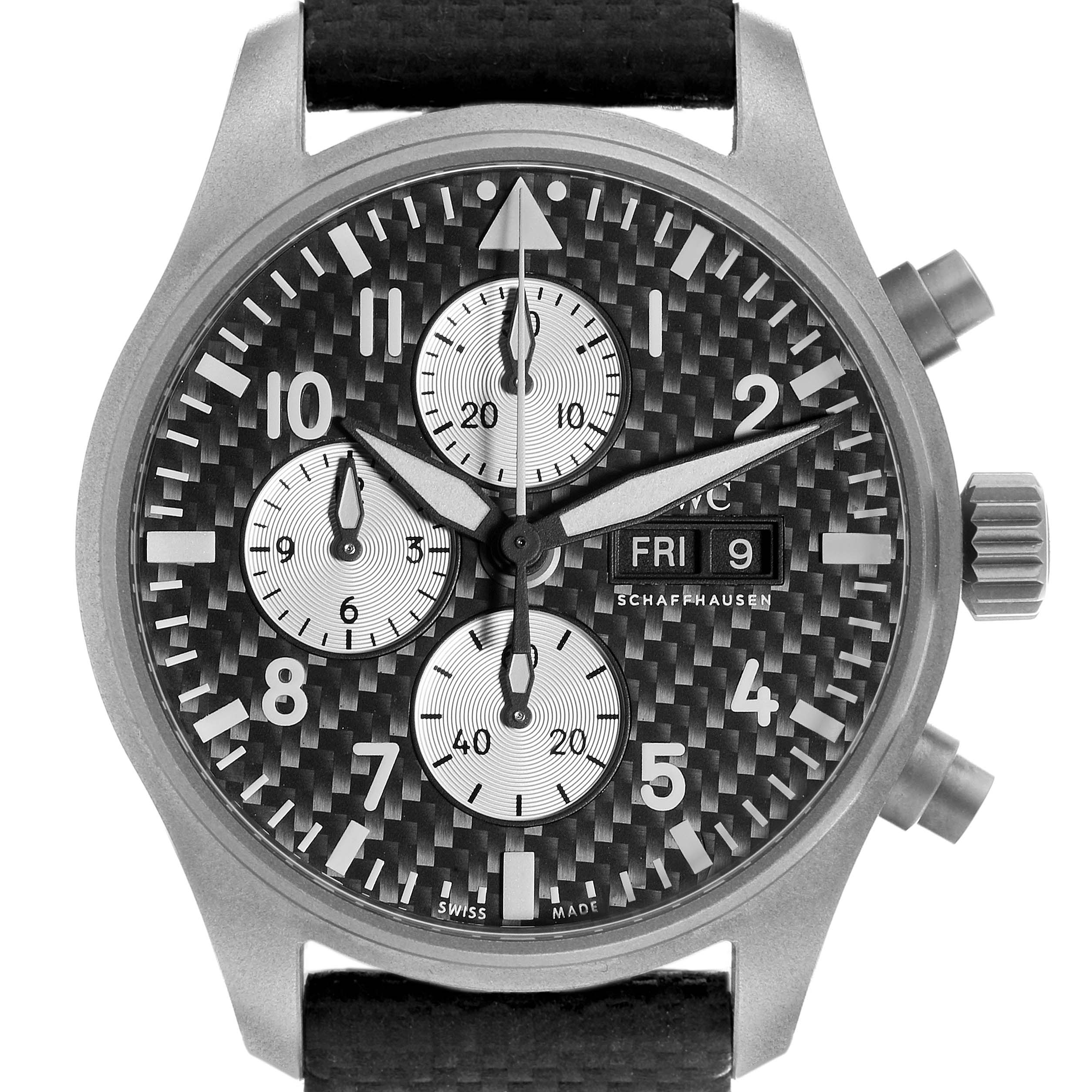 The IWC Pilot IW377903 Men's Titanium Grey Dial watch is shown from a front angle, highlighting its face, chronograph dials, and textured strap.