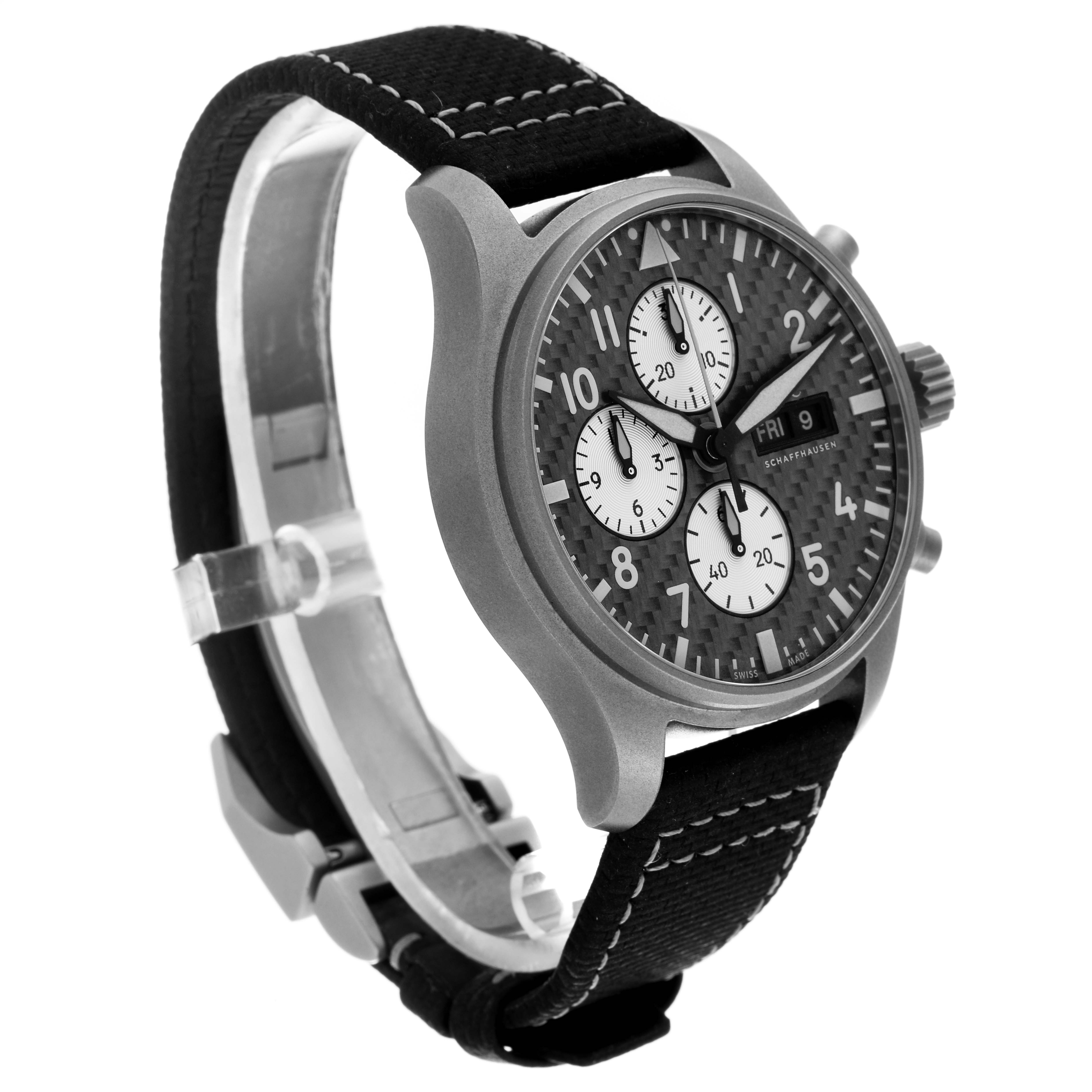 The IWC Pilot IW377903 Men's Titanium Grey Dial watch is shown at a three-quarter angle displaying the dial, pushers, crown, and strap.