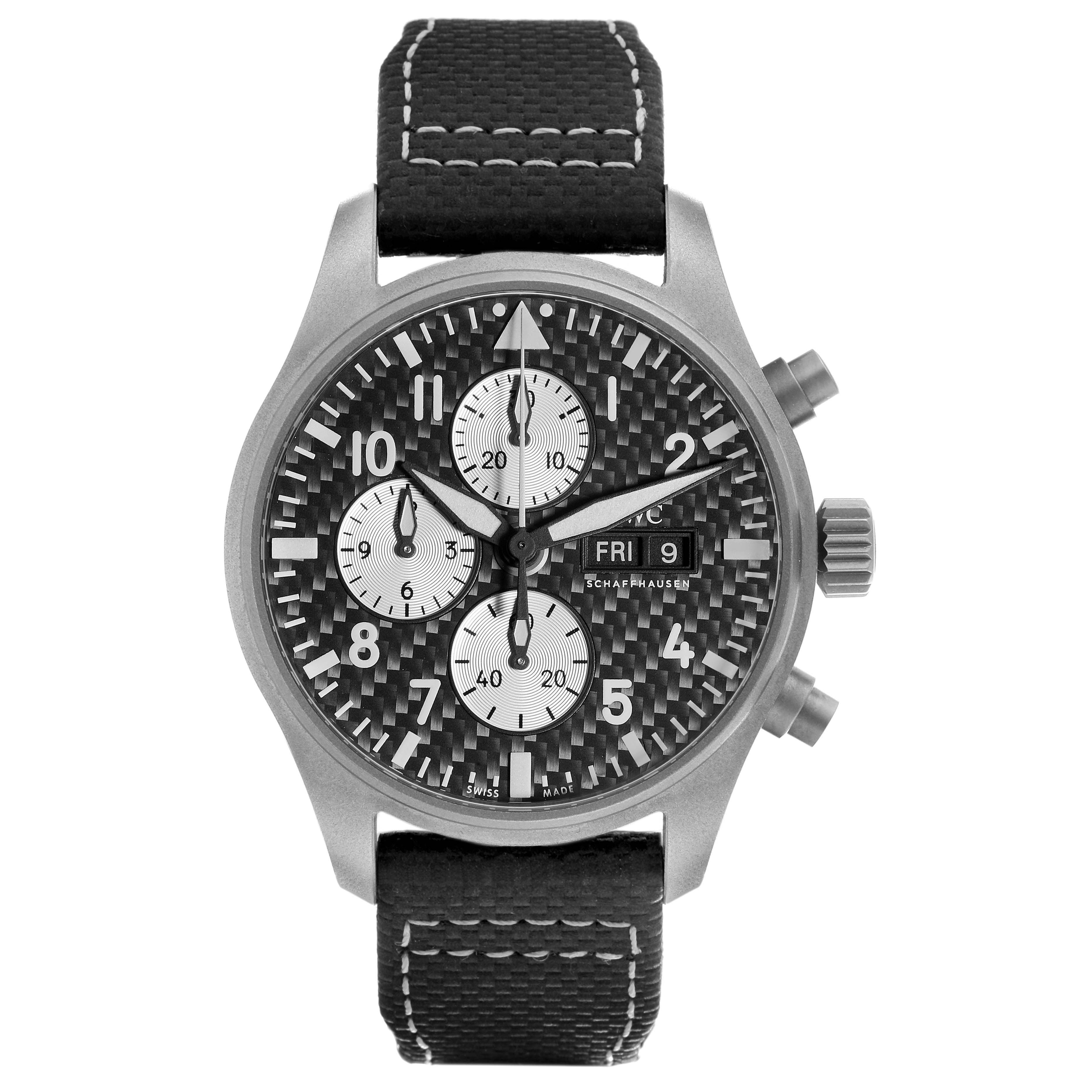 The IWC Pilot IW377903 Men's Titanium Grey Dial model watch is shown from a front angle, displaying its dial, subdials, day-date window, and strap.