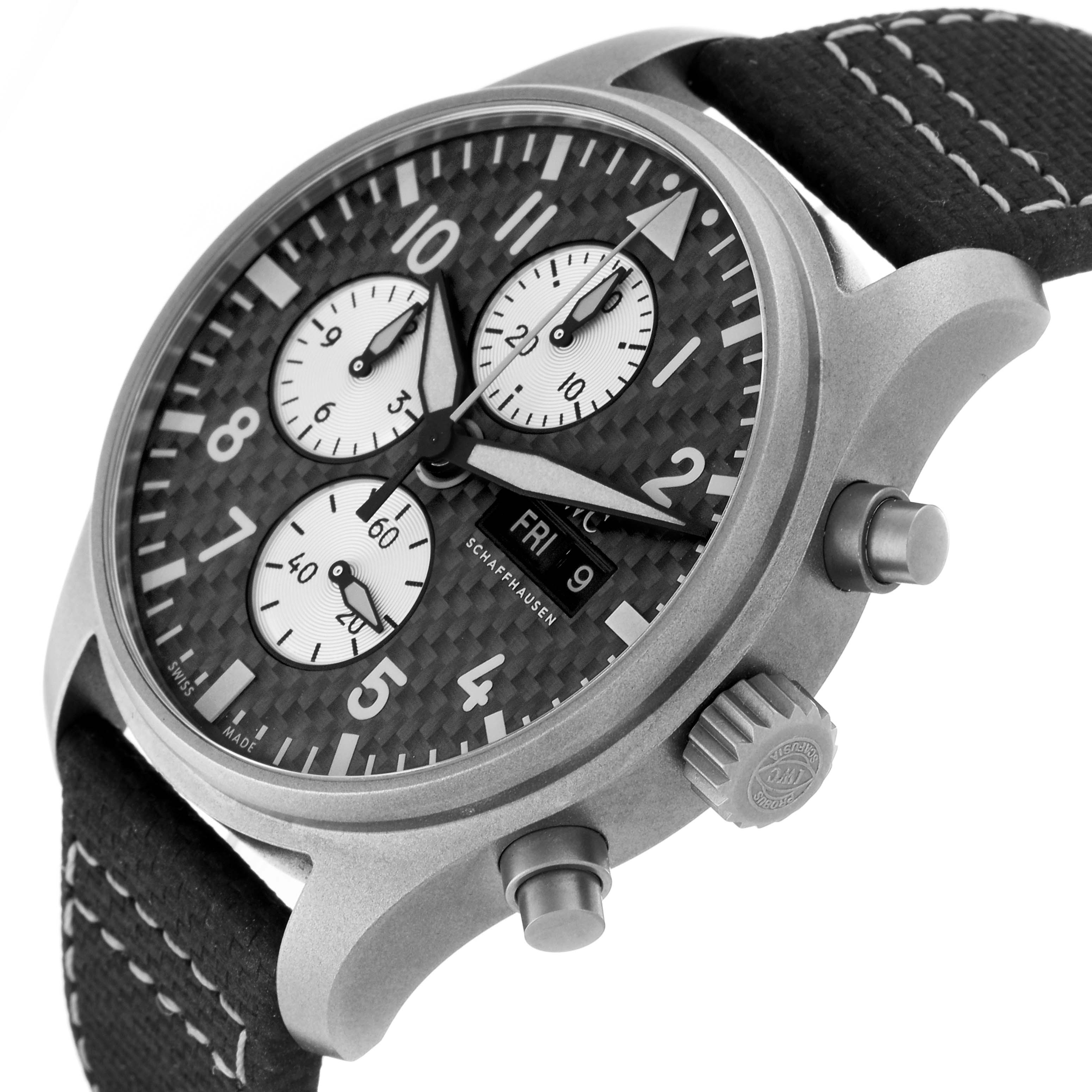The IWC Pilot IW377903 Men's Titanium Grey Dial model is shown at a slight angle, highlighting the face, subdials, crown, and pushers.