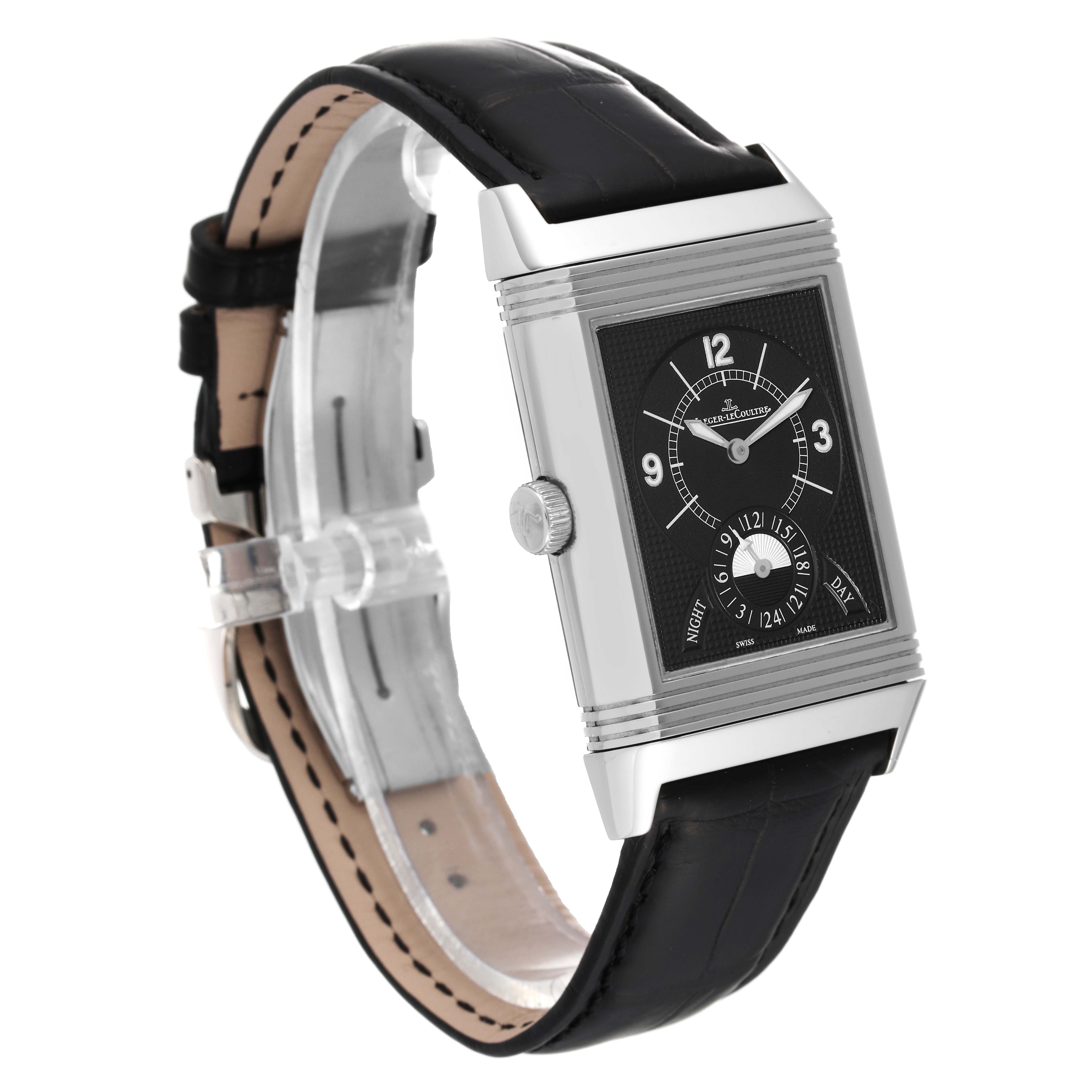 The photo shows a Jaeger LeCoultre Reverso Q3748421 Men's Stainless Steel Silver Dial Q3748421 Men's Stainless Steel Silver Dial watch from a three-quarter angle, highlighting the face, crown, and leather strap.