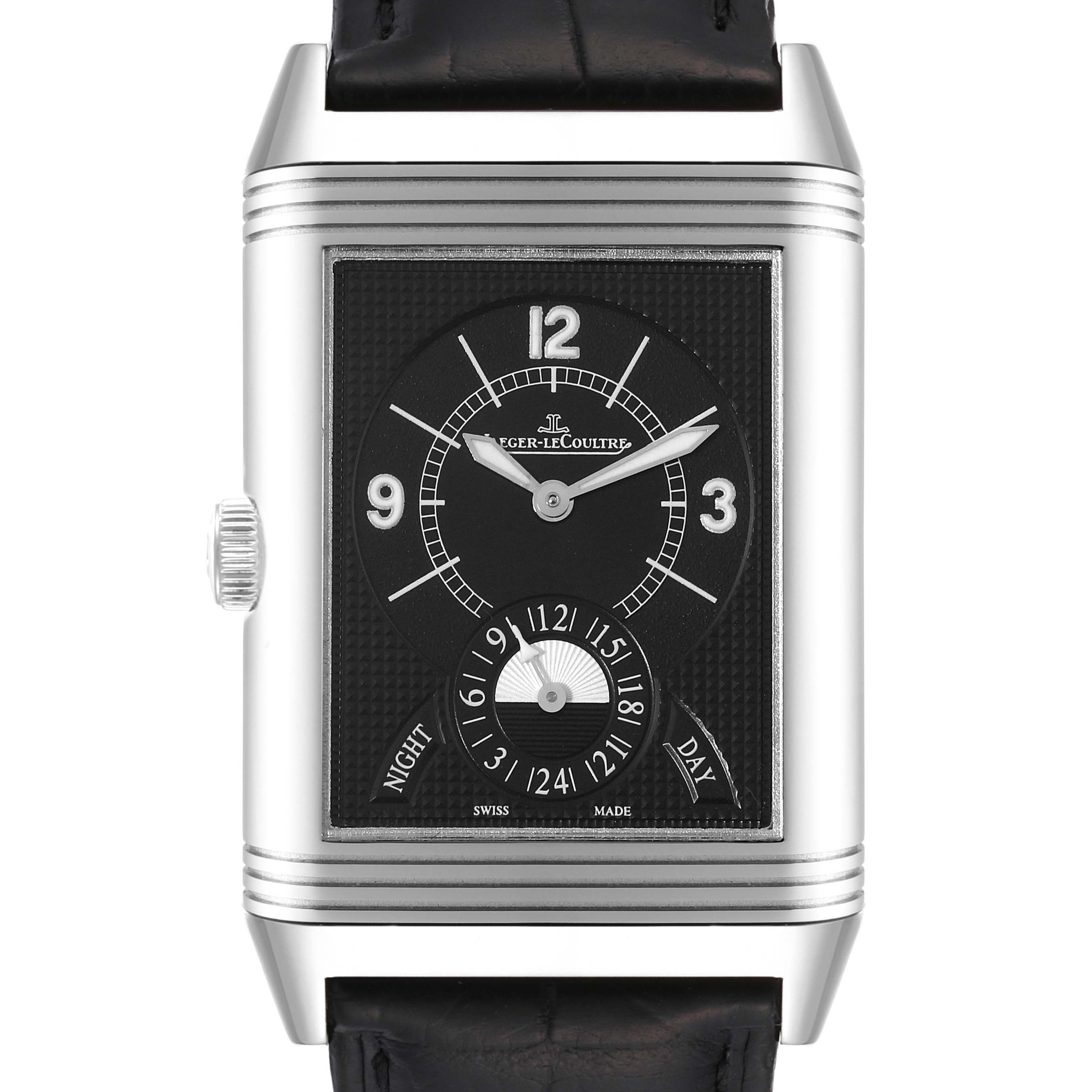 The image shows a frontal view of a Jaeger-LeCoultre Reverso watch, highlighting its face, hands, and day/night indicator.