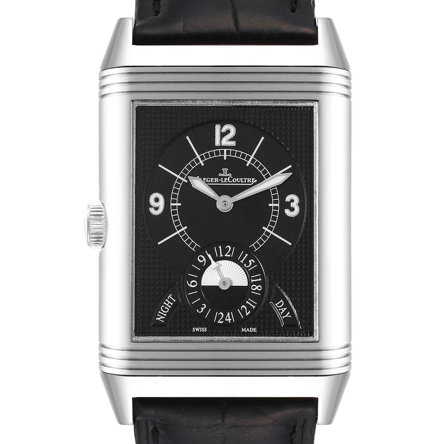 The image shows a frontal view of a Jaeger-LeCoultre Reverso watch, highlighting its face, hands, and day/night indicator.