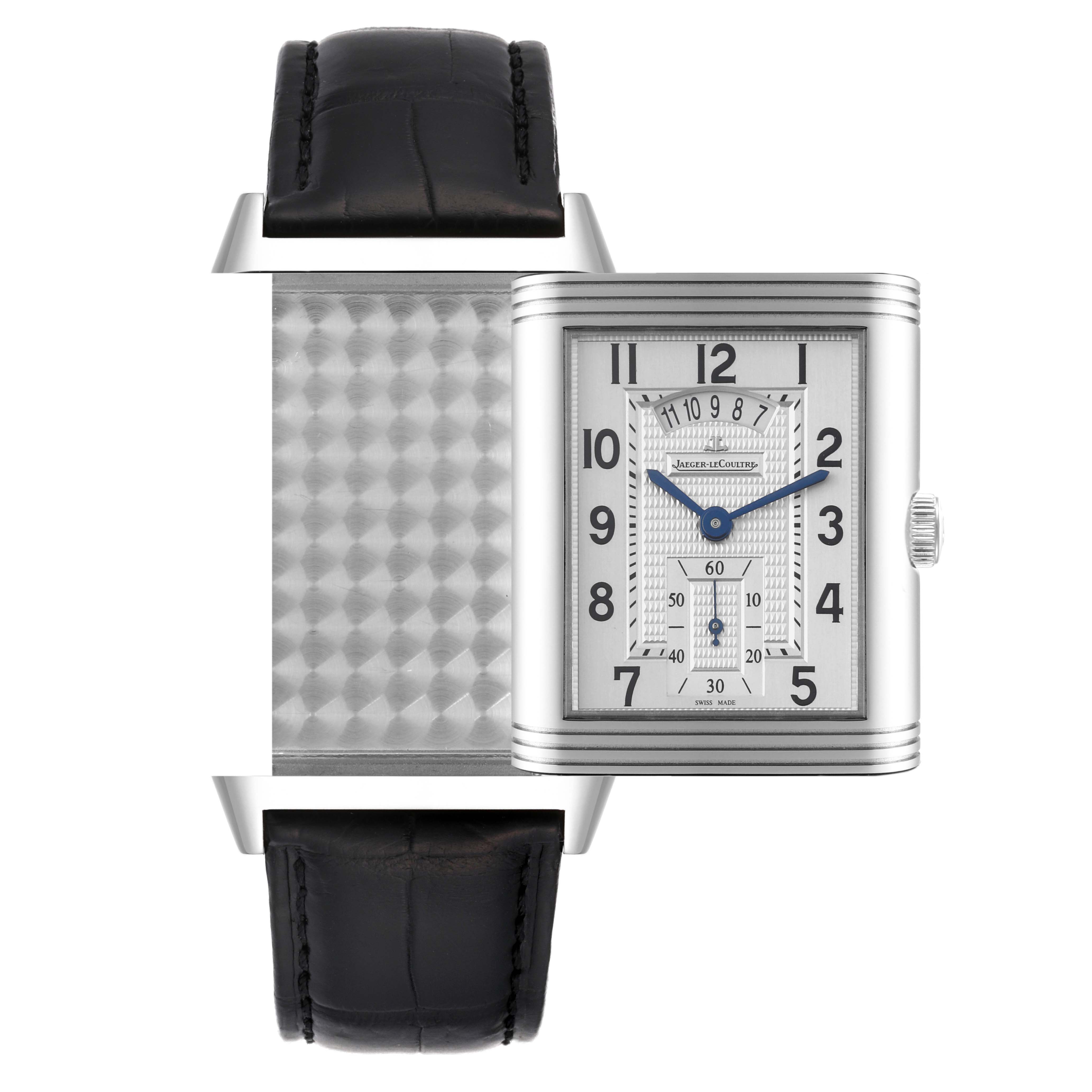 The image shows the front and swivel case back of a Jaeger LeCoultre Reverso Q3748421 Men's Stainless Steel Silver Dial Q3748421 Men's Stainless Steel Silver Dial watch with a black leather strap.