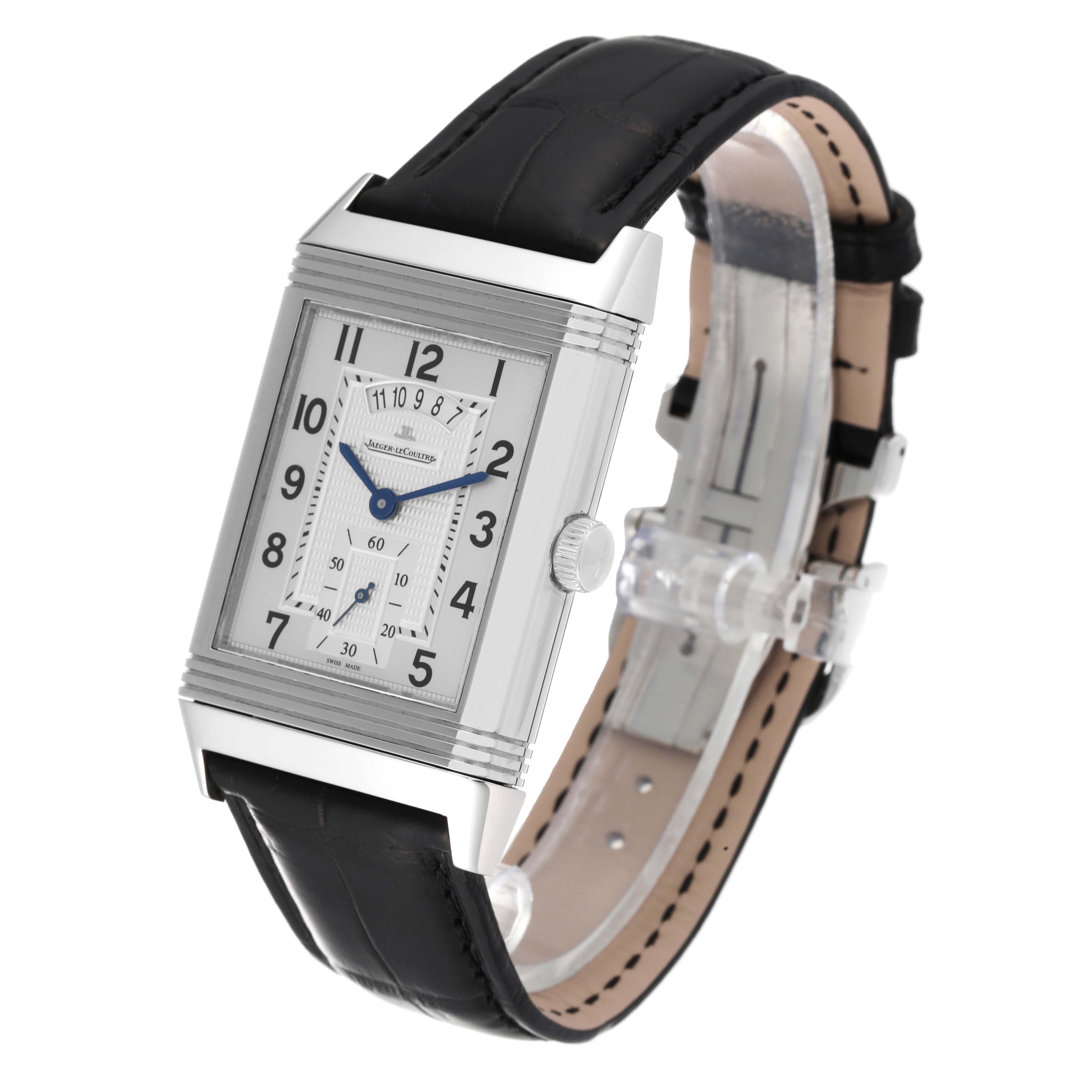 The Jaeger LeCoultre Reverso Q3748421 Men's Stainless Steel Silver Dial Q3748421 Men's Stainless Steel Silver Dial watch is shown at a three-quarter angle, highlighting the rectangular face, blue hands, and black leather strap.