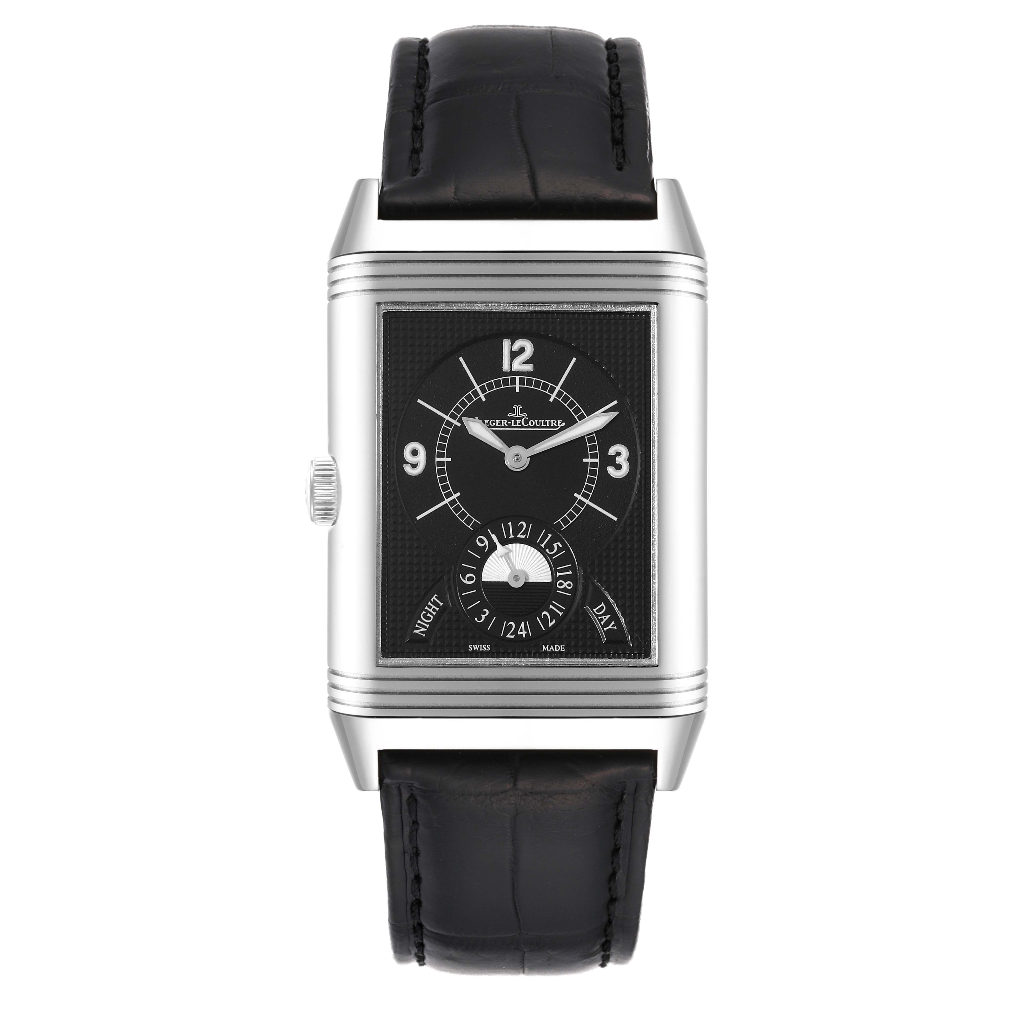 The image shows a front view of a Jaeger LeCoultre Reverso Q3748421 Men's Stainless Steel Silver Dial Q3748421 Men's Stainless Steel Silver Dial watch, highlighting its black dial, numeral markers, and leather strap.