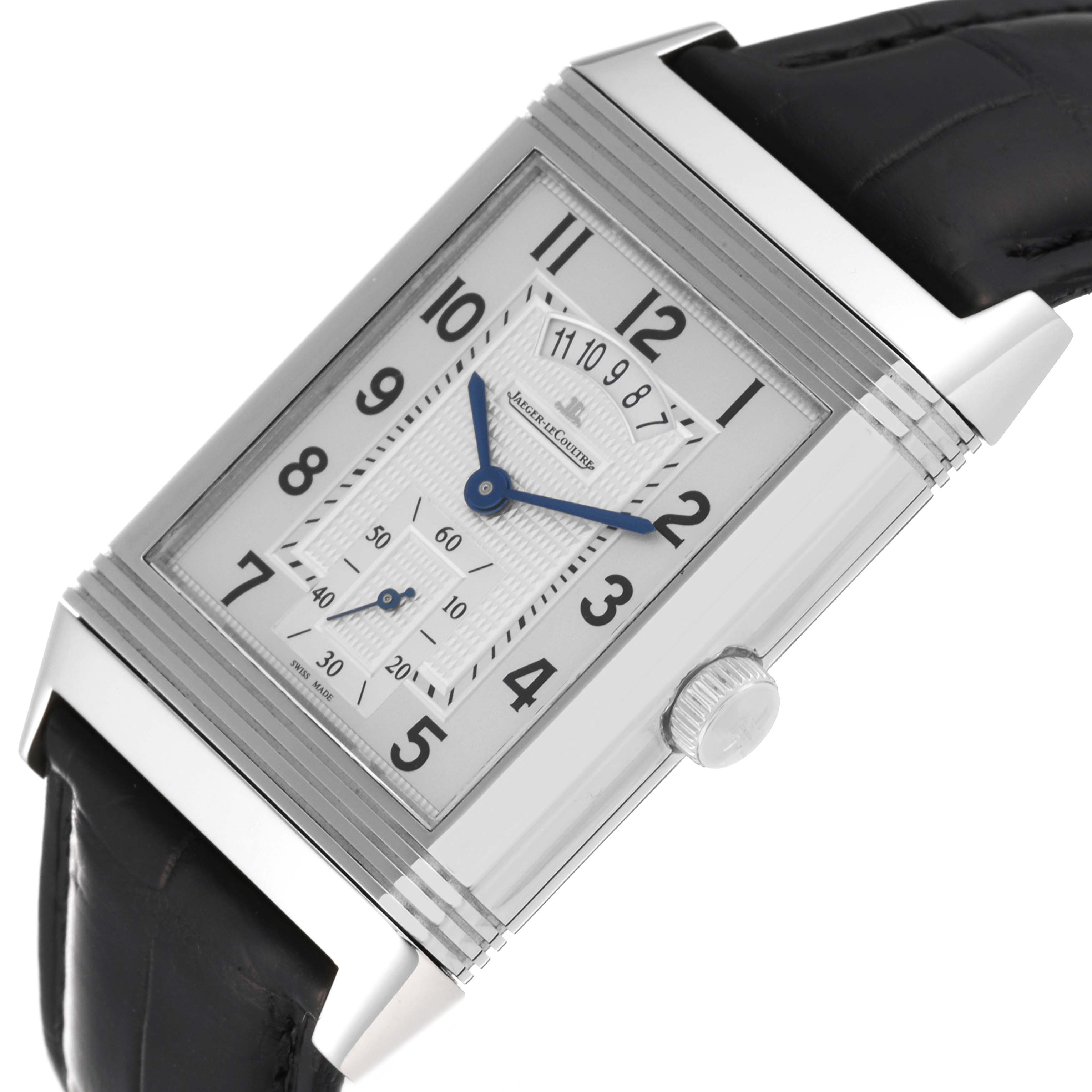 This Jaeger LeCoultre Reverso Q3748421 Men's Stainless Steel Silver Dial Q3748421 Men's Stainless Steel Silver Dial watch is shown at an angle, highlighting the crown, dial, and front case with black leather strap.