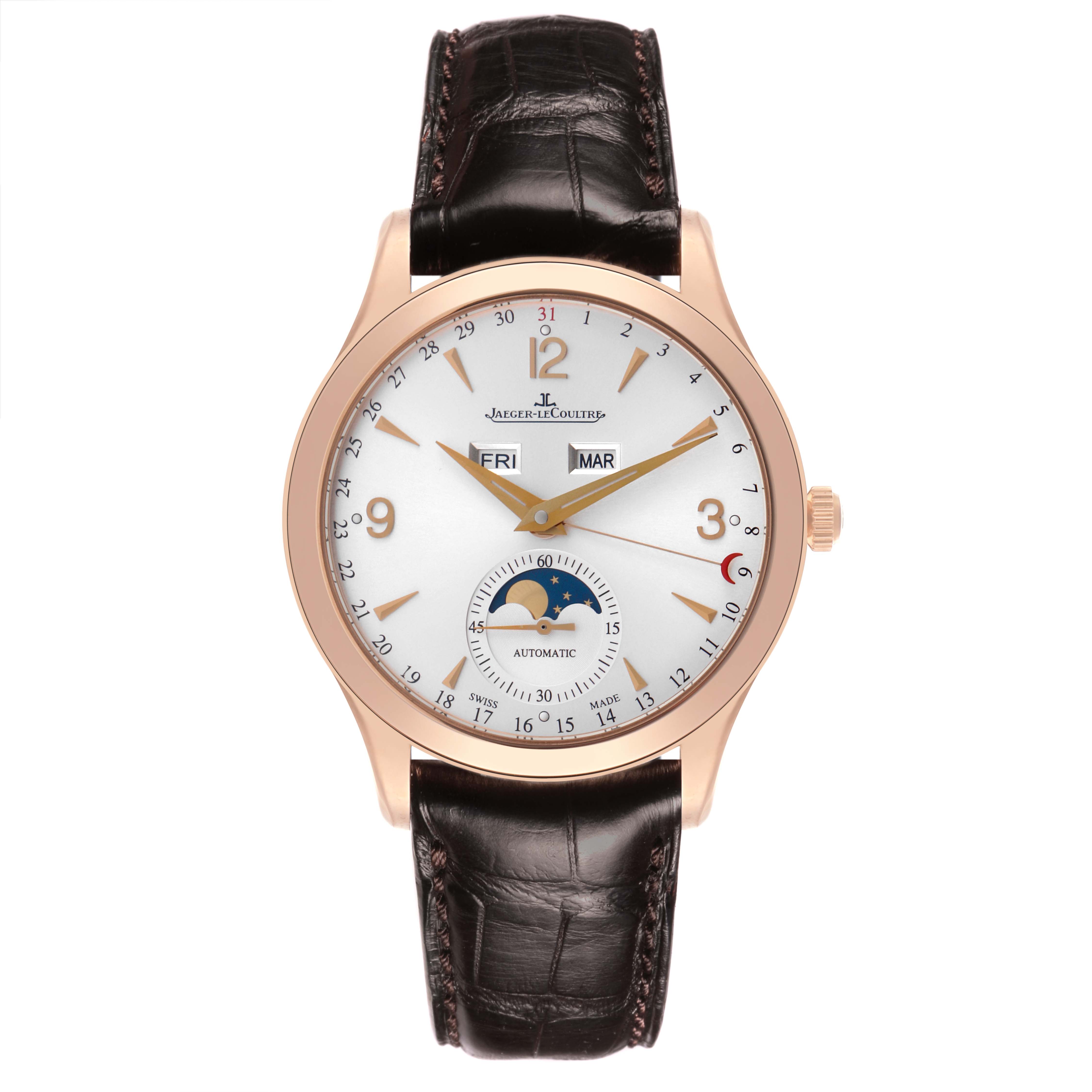 The Jaeger-LeCoultre Master watch is shown from a front angle, highlighting the dial, hands, and leather strap.