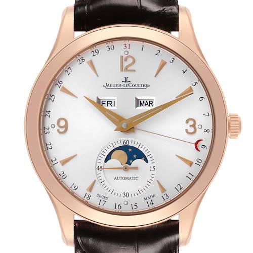 The Jaeger LeCoultre Master Q1552520 Men's Rose Gold Silver Dial watch is shown from a front angle, displaying the dial, hands, crown, and strap.