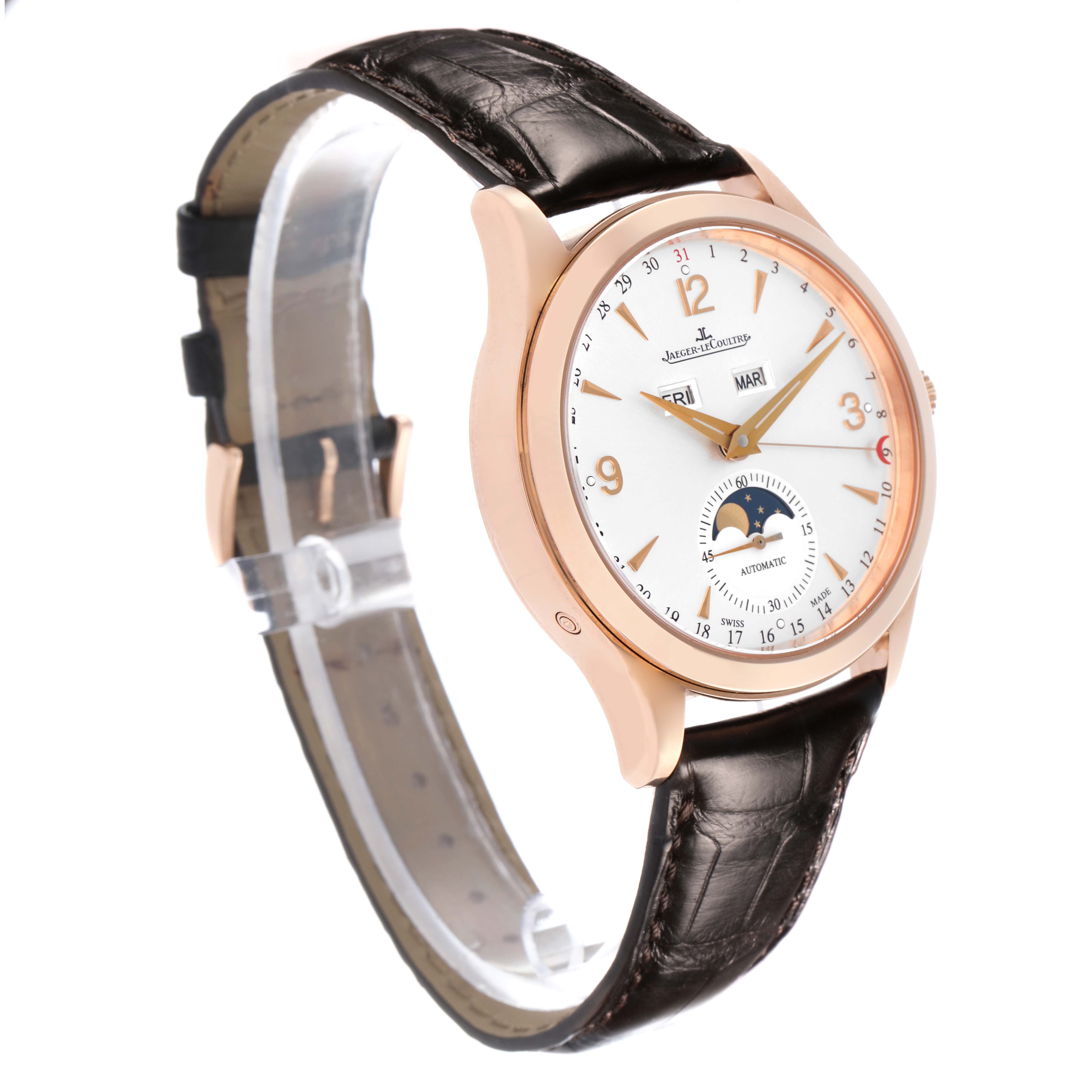 The Jaeger-LeCoultre Master watch is shown at a three-quarter angle, highlighting the face, rose gold case, and leather strap.