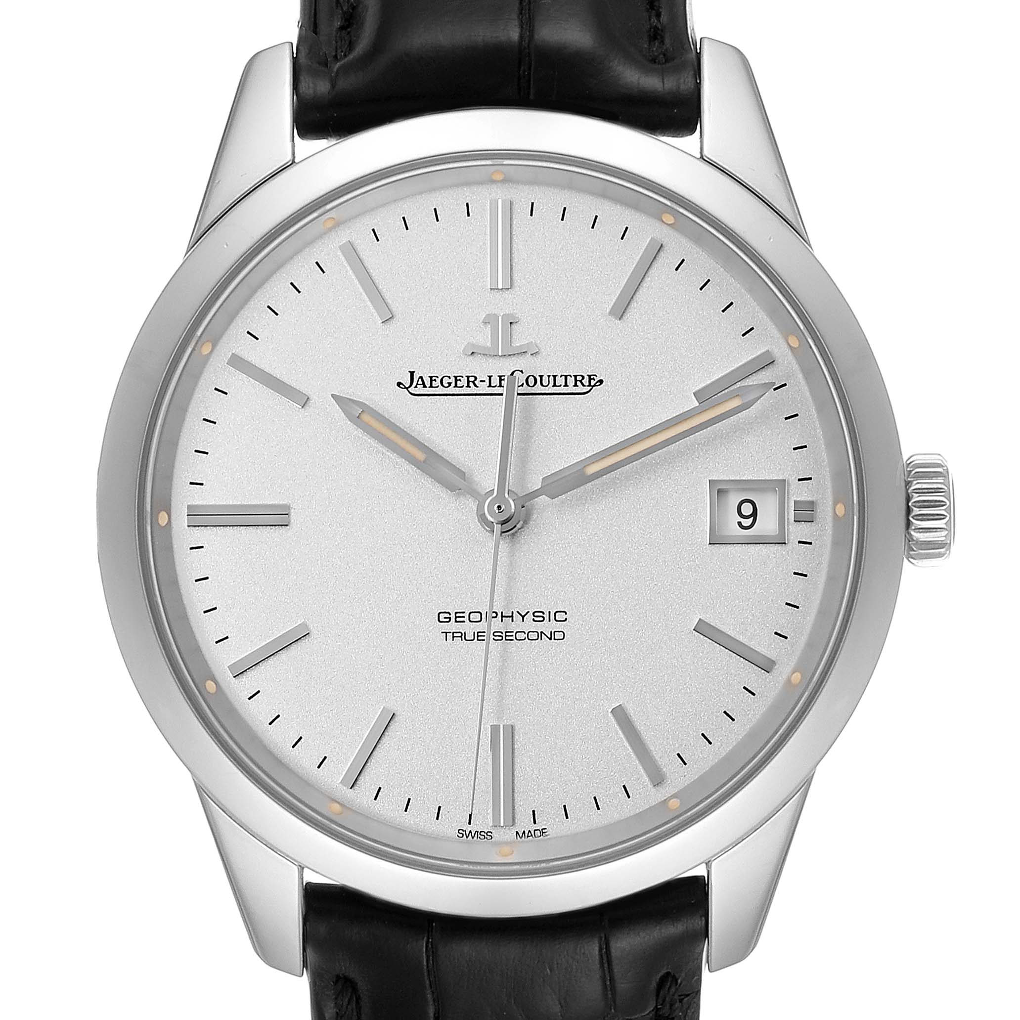 This image shows a front view of the Jaeger LeCoultre Geophysic Q8018420 Men's Stainless Steel Silver Dial Q8018420 Men's Stainless Steel Silver Dial watch, highlighting its dial, hands, date window, and leather strap.