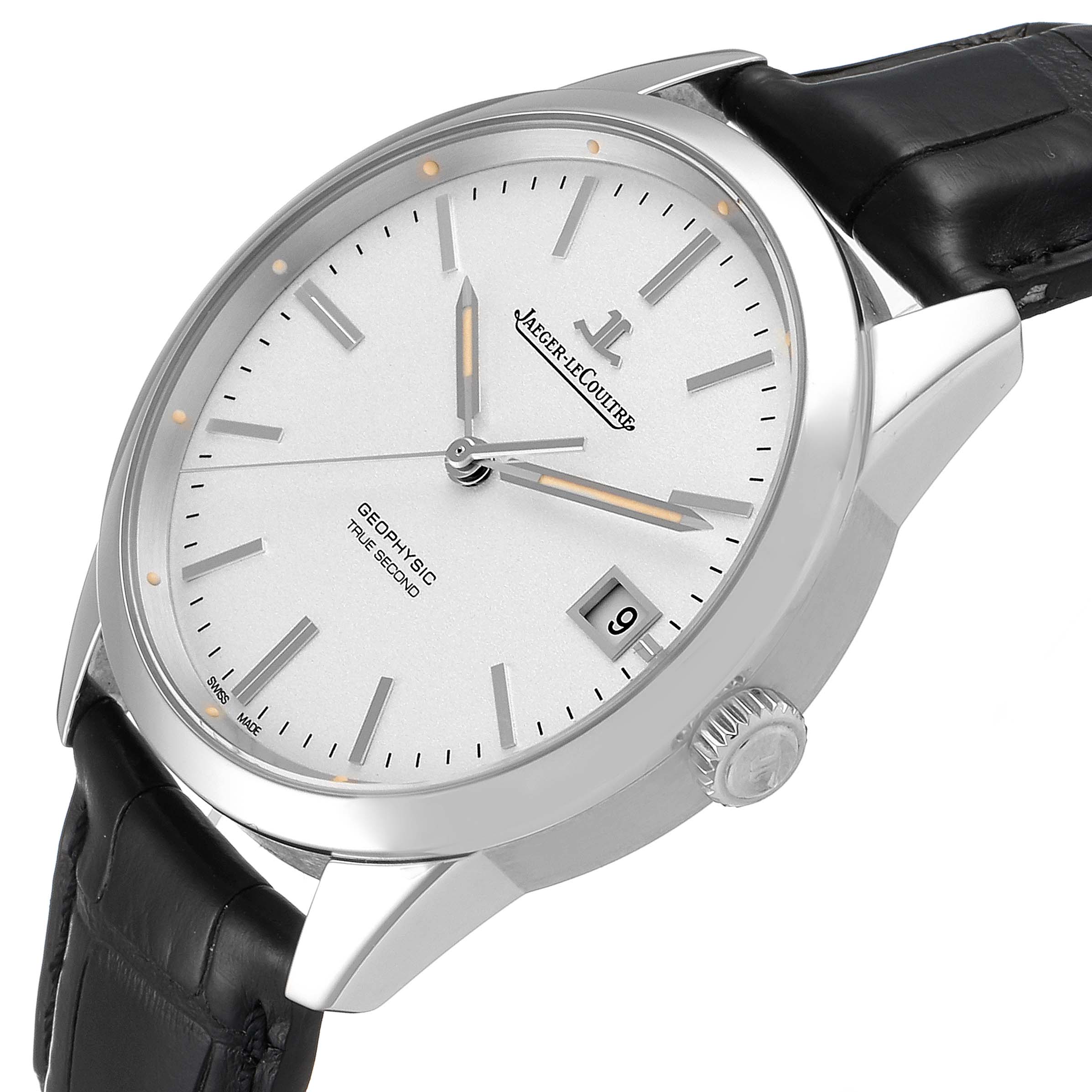 The Jaeger-LeCoultre Geophysic watch is shown at an angle highlighting the dial, crown, case, and black leather strap.