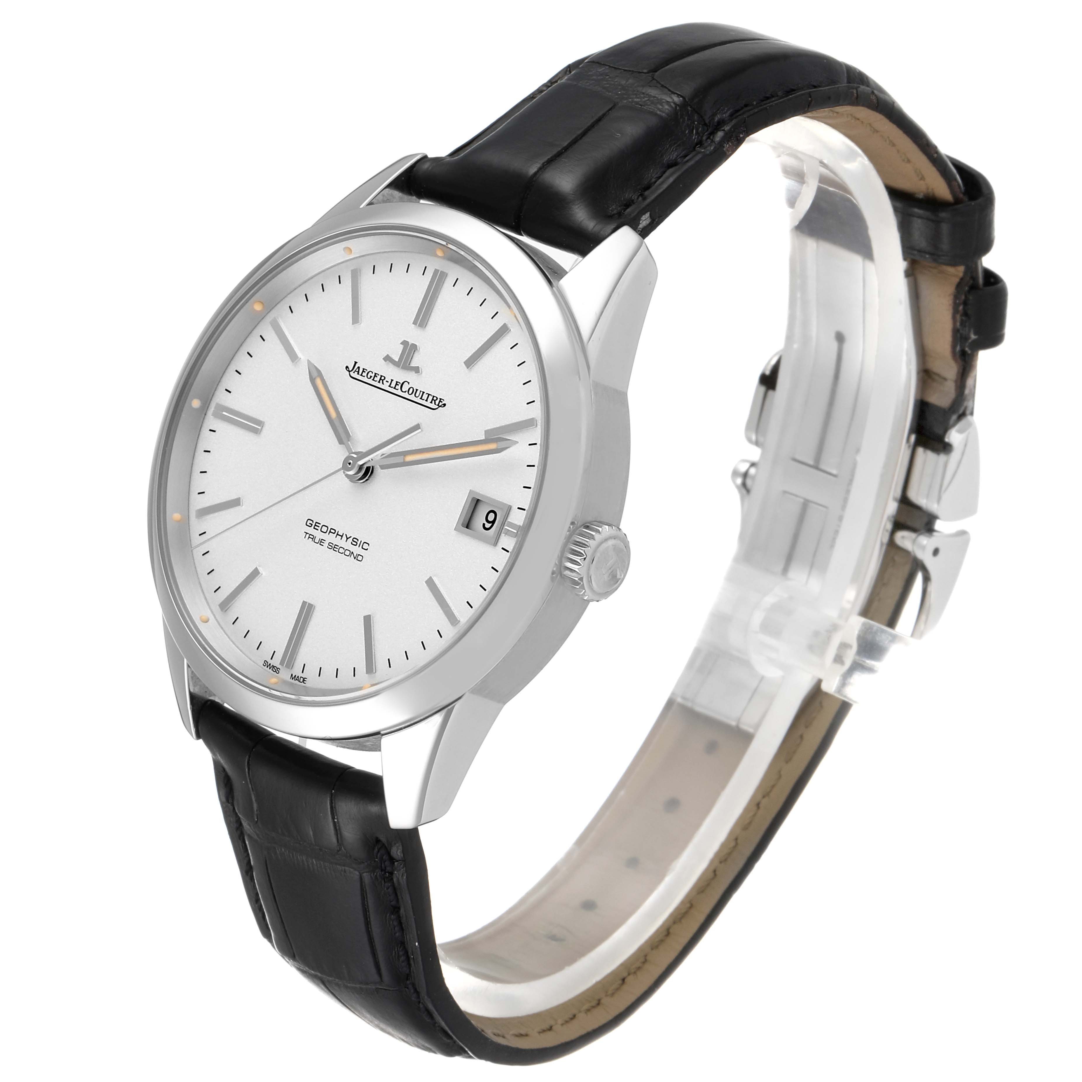 The image shows a Jaeger LeCoultre Geophysic Q8018420 Men's Stainless Steel Silver Dial Q8018420 Men's Stainless Steel Silver Dial model watch from an angled side view, highlighting the dial, case, crown, and strap.