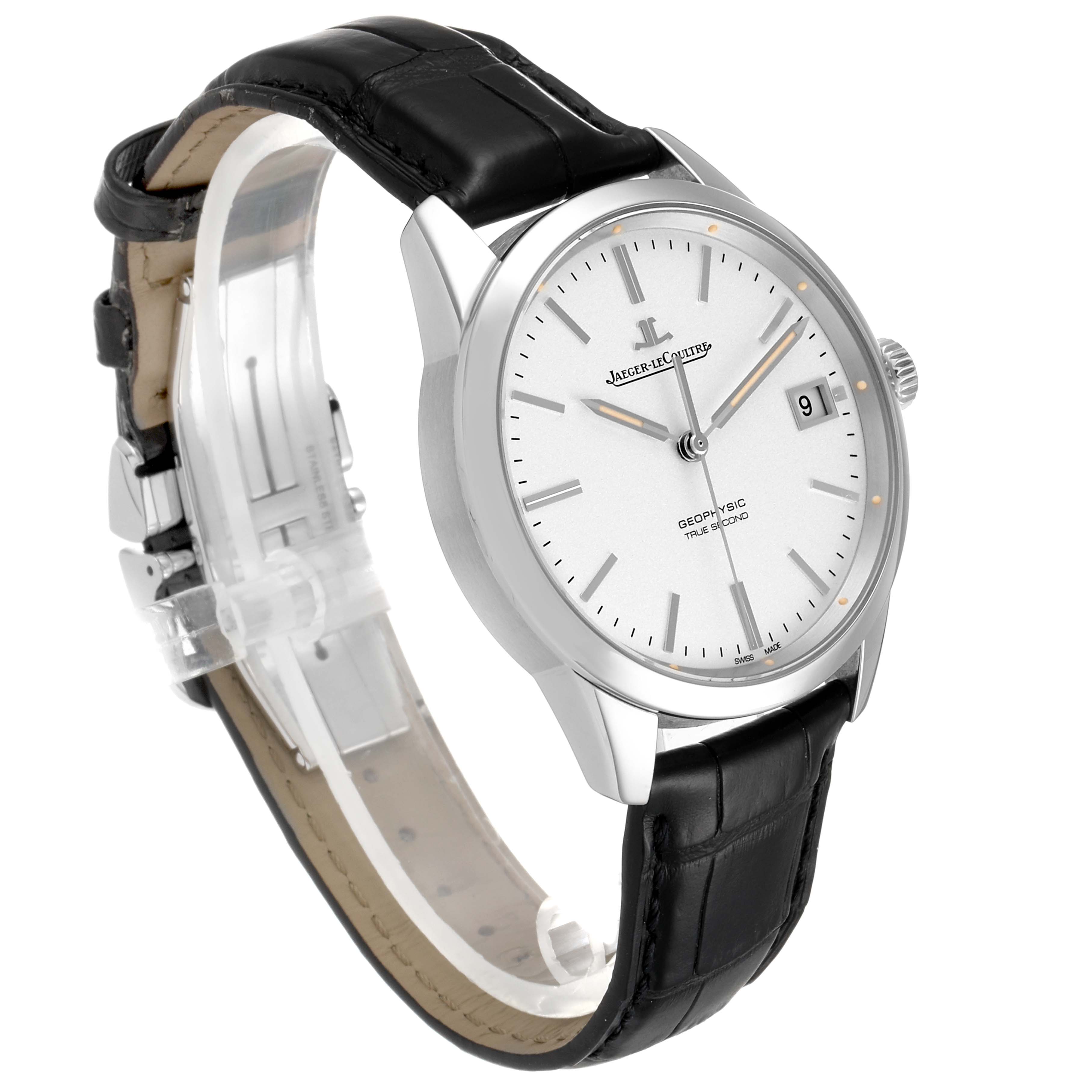 The Jaeger LeCoultre Geophysic Q8018420 Men's Stainless Steel Silver Dial Q8018420 Men's Stainless Steel Silver Dial watch is shown at a three-quarter angle, highlighting the face, date display, and black leather strap.