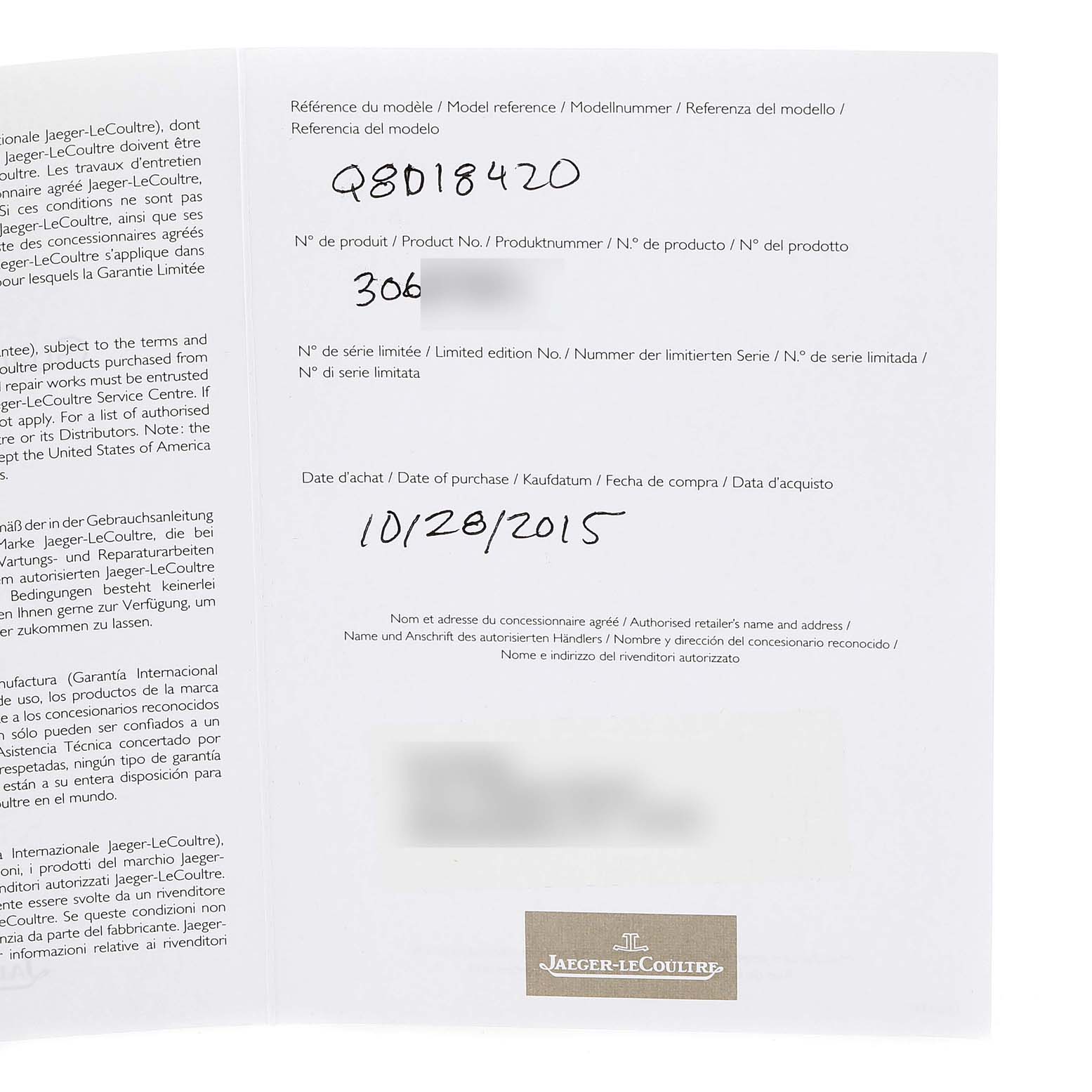 The image shows a warranty card for the Jaeger-LeCoultre Geophysic watch, including model reference, product number, and purchase date.