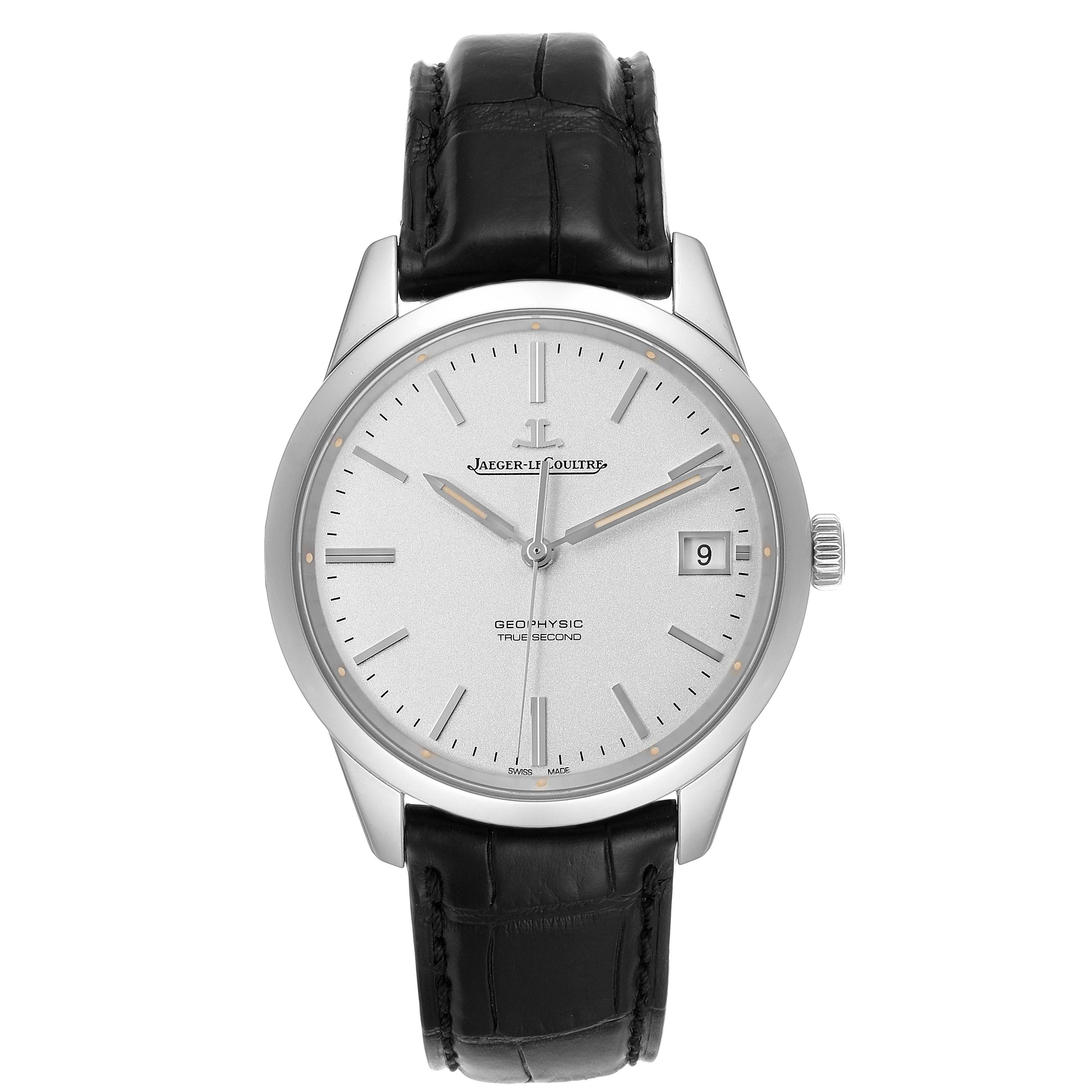 The image shows a front view of the Jaeger LeCoultre Geophysic Q8018420 Men's Stainless Steel Silver Dial Q8018420 Men's Stainless Steel Silver Dial watch, highlighting the dial, hands, date window, and leather strap.