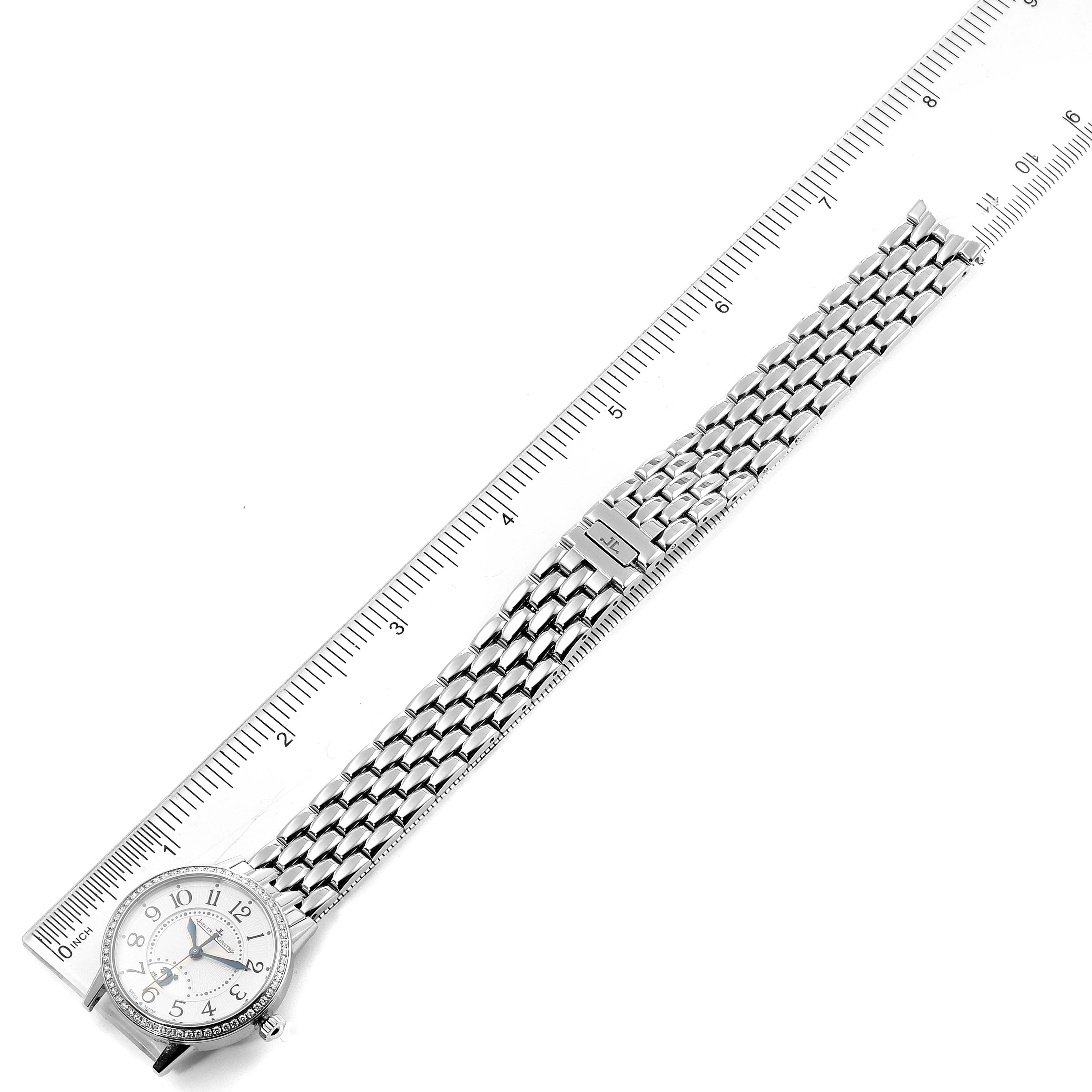The image shows the Jaeger LeCoultre Rendez-Vous Q1558420 Women's Stainless Steel Silver Dial Q1558420 Women's Stainless Steel Silver Dial watch from a top-down angle, displaying the dial, bracelet, and clasp.