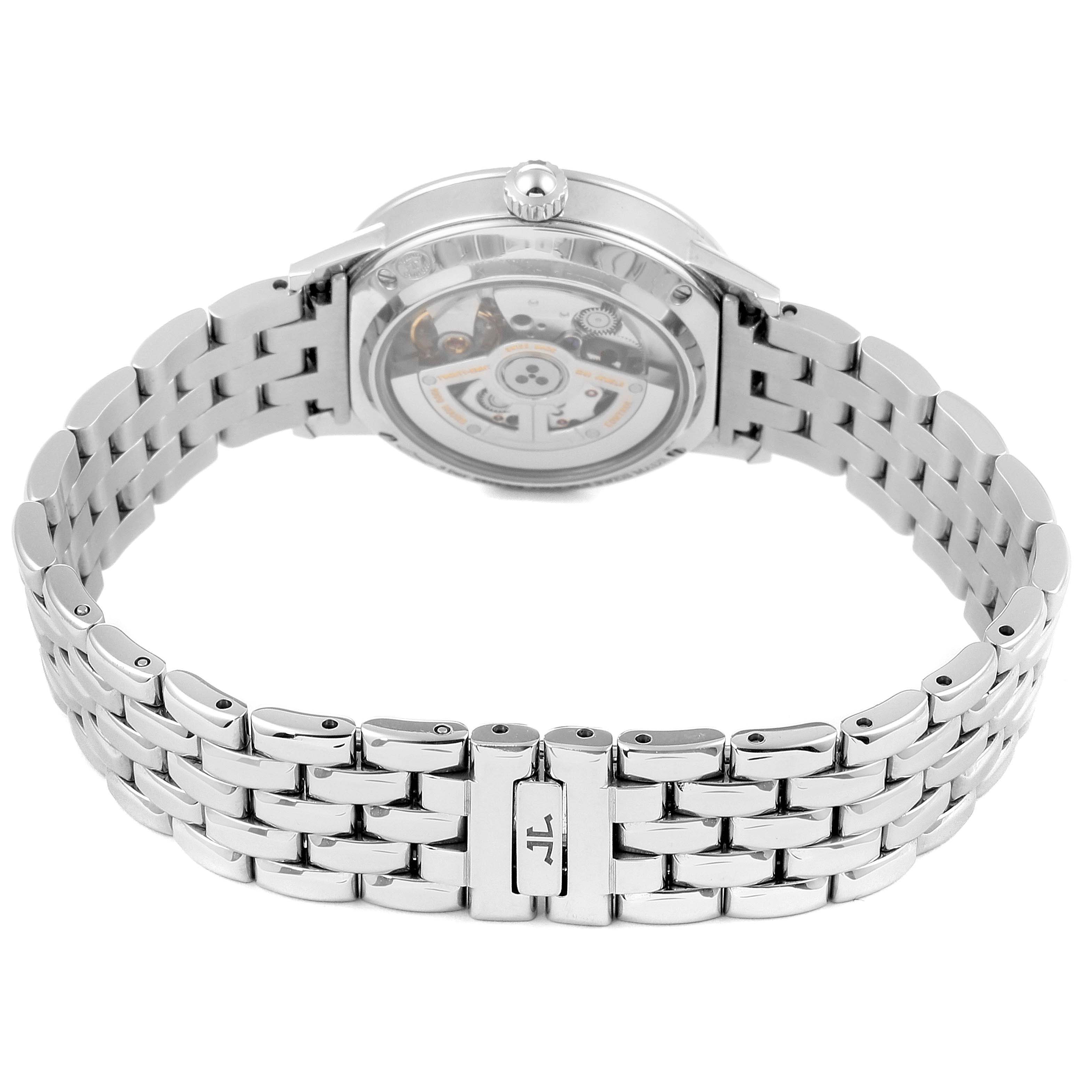 The image shows the underside of a Rendez-Vous model by Jaeger LeCoultre, displaying the case back and metal bracelet.