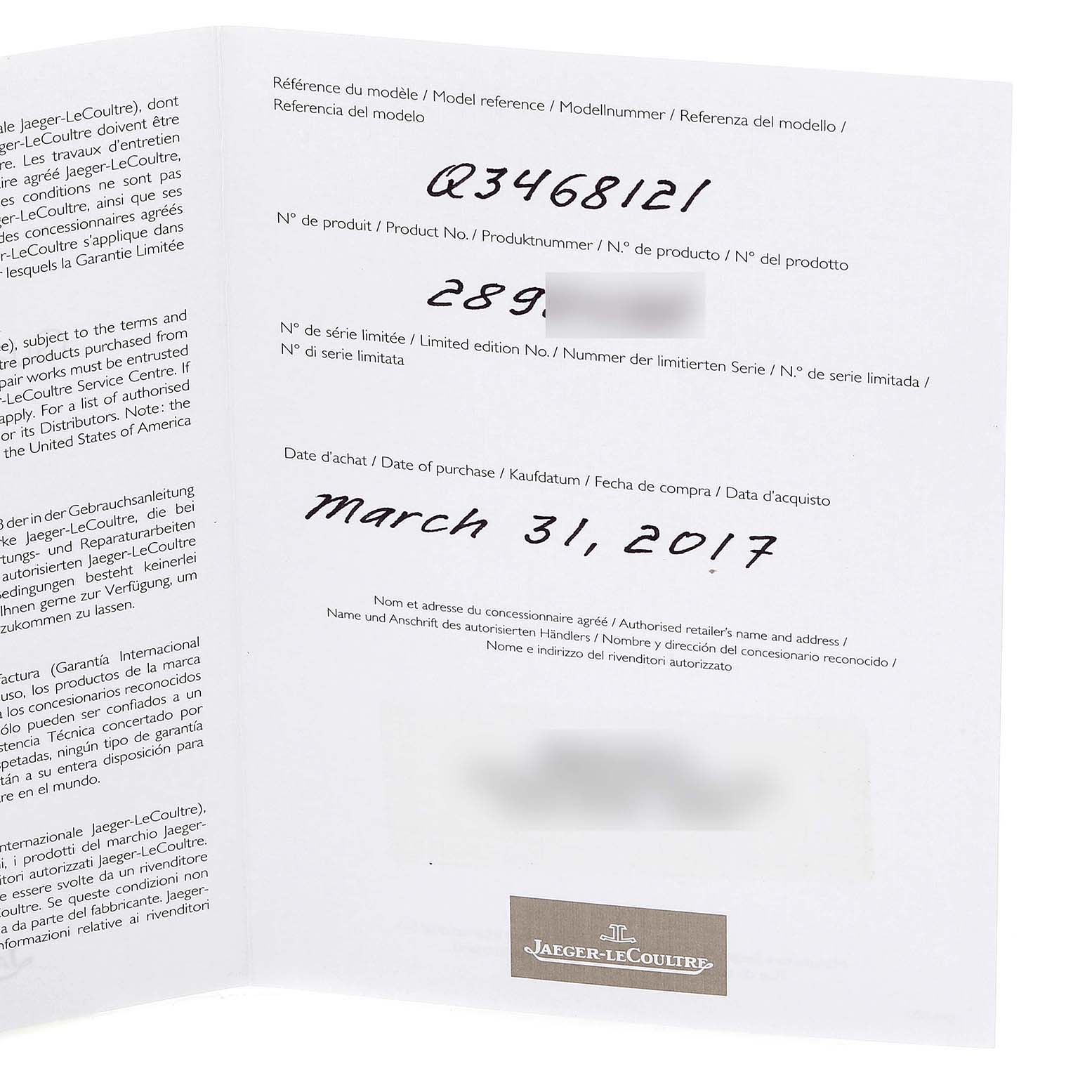 This image shows the warranty card or certificate for a Jaeger LeCoultre Rendez-Vous Q1558420 Women's Stainless Steel Silver Dial Q1558420 Women's Stainless Steel Silver Dial watch, highlighting the model reference and date of purchase.