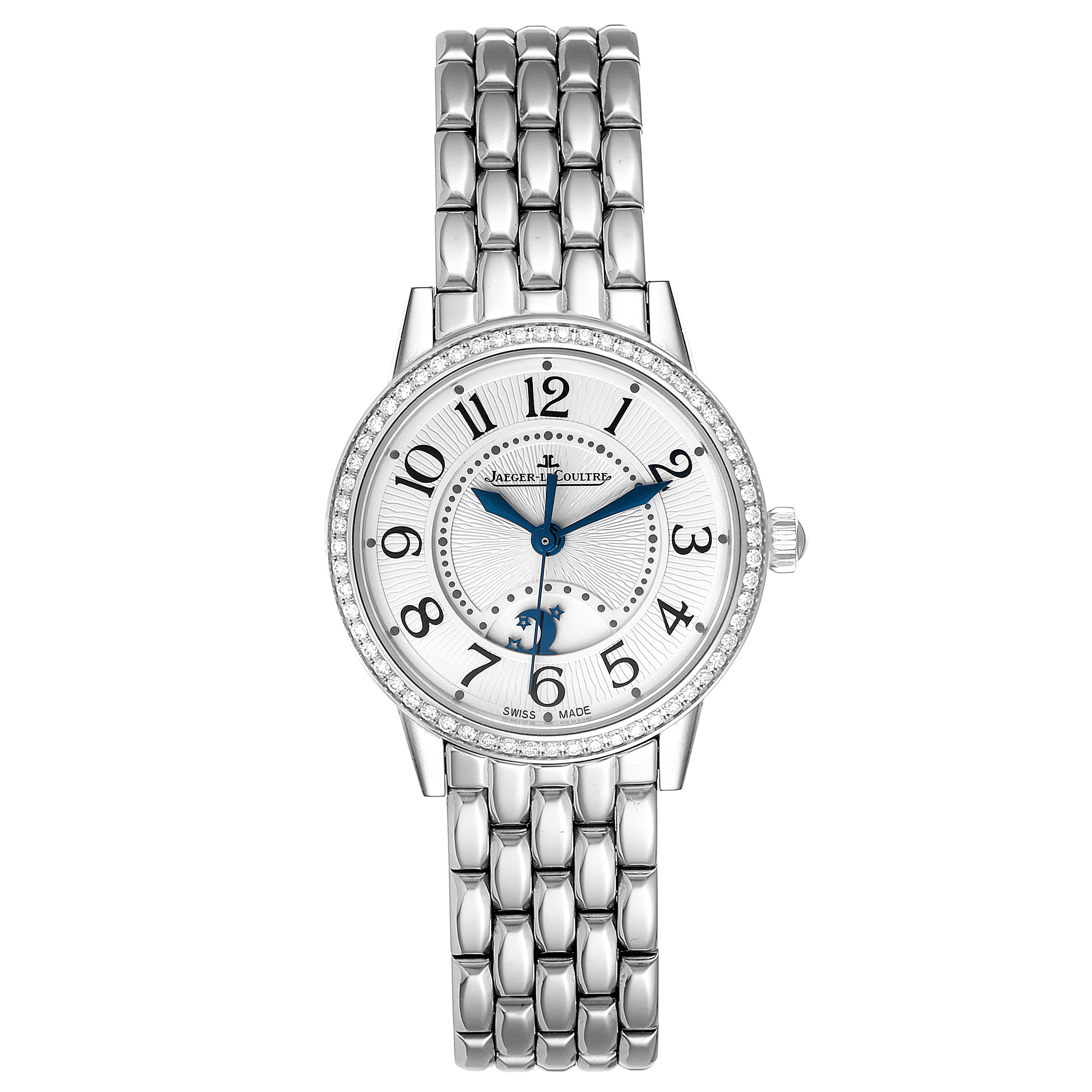 The image shows a full frontal view of the Jaeger LeCoultre Rendez-Vous Q1558420 Women's Stainless Steel Silver Dial Q1558420 Women's Stainless Steel Silver Dial watch, displaying its face and metal band.