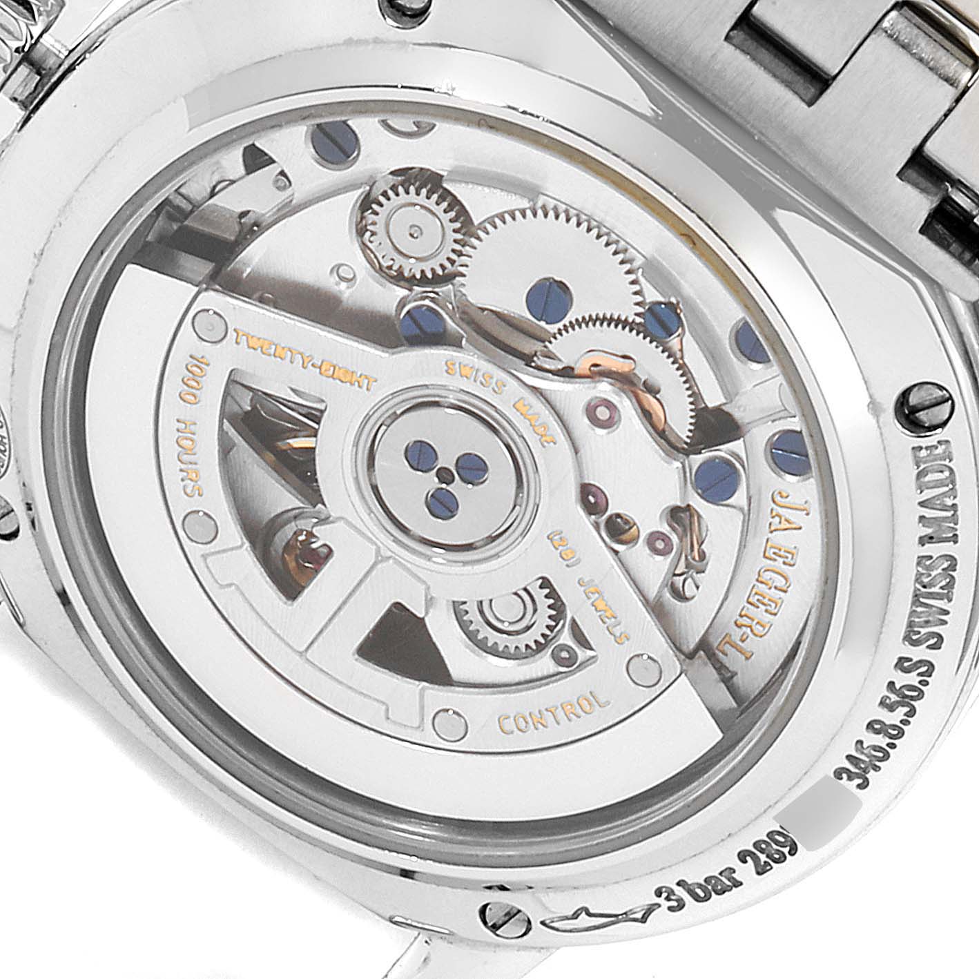 The image shows a close-up of the back of a Jaeger LeCoultre Rendez-Vous Q1558420 Women's Stainless Steel Silver Dial Q1558420 Women's Stainless Steel Silver Dial watch, displaying its intricate mechanical movement.