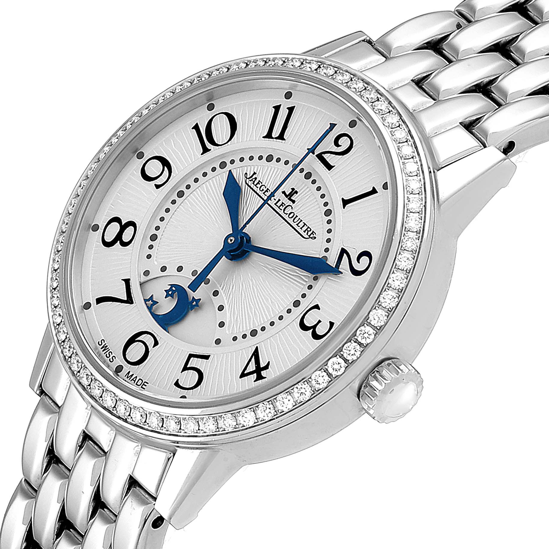The image shows a close-up angle of the Jaeger LeCoultre Rendez-Vous Q1558420 Women's Stainless Steel Silver Dial Q1558420 Women's Stainless Steel Silver Dial watch, displaying the dial, bezel, crown, and part of the bracelet.