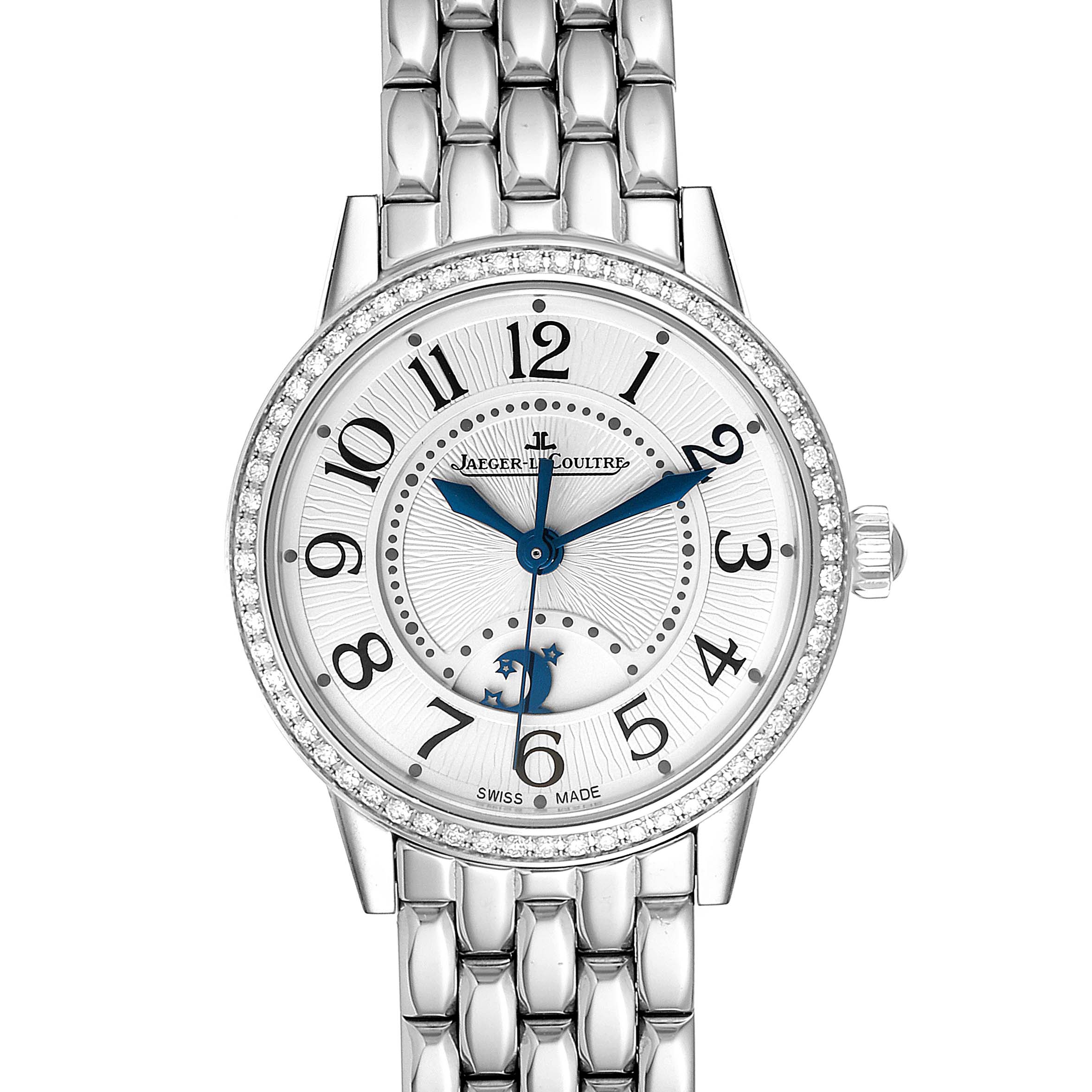 The image shows a frontal view of a Jaeger LeCoultre Rendez-Vous Q1558420 Women's Stainless Steel Silver Dial Q1558420 Women's Stainless Steel Silver Dial watch, highlighting its face, bracelet, and bezel.