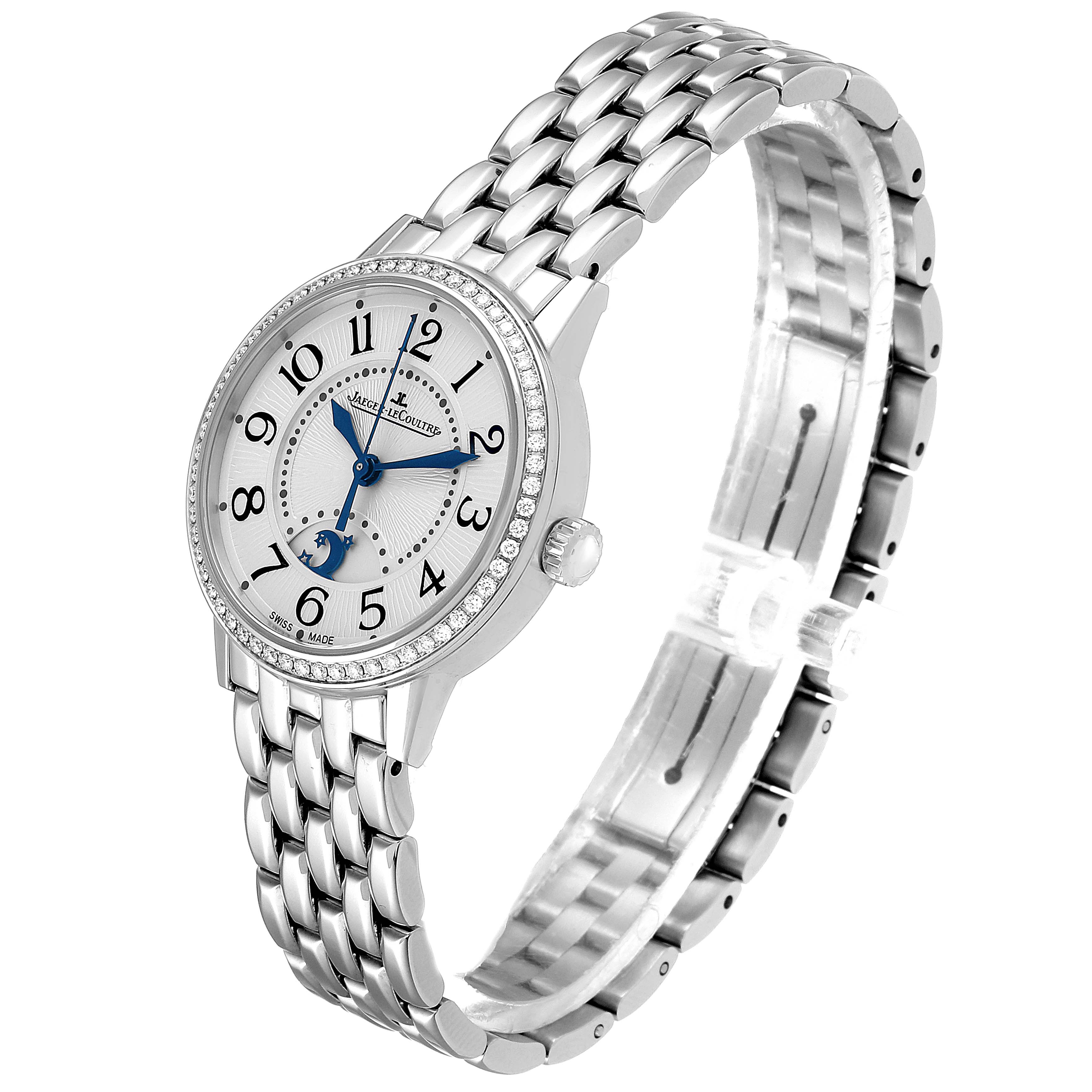 The image shows a side view of the Jaeger LeCoultre Rendez-Vous Q1558420 Women's Stainless Steel Silver Dial Q1558420 Women's Stainless Steel Silver Dial watch, highlighting its face, bezel, crown, and bracelet.