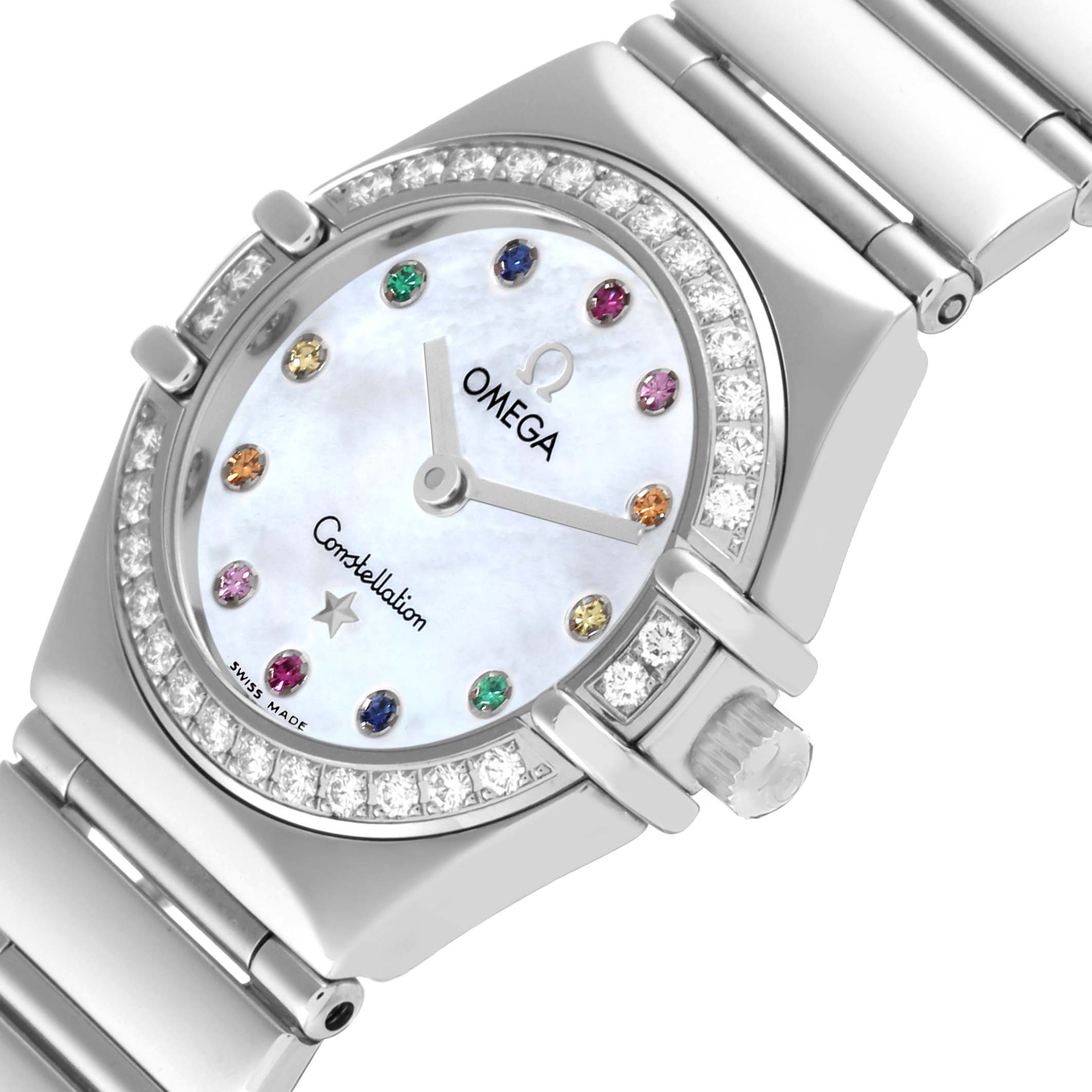 The Omega 1465.79.00 Women's Stainless Steel Mother of Pearl Dial 1465.79.00 Women's Stainless Steel Mother of Pearl Dial Constellation Iris, model 1460.79.00, is shown at an angle highlighting its mother of pearl dial with multicolored stones and stainless steel bracelet.