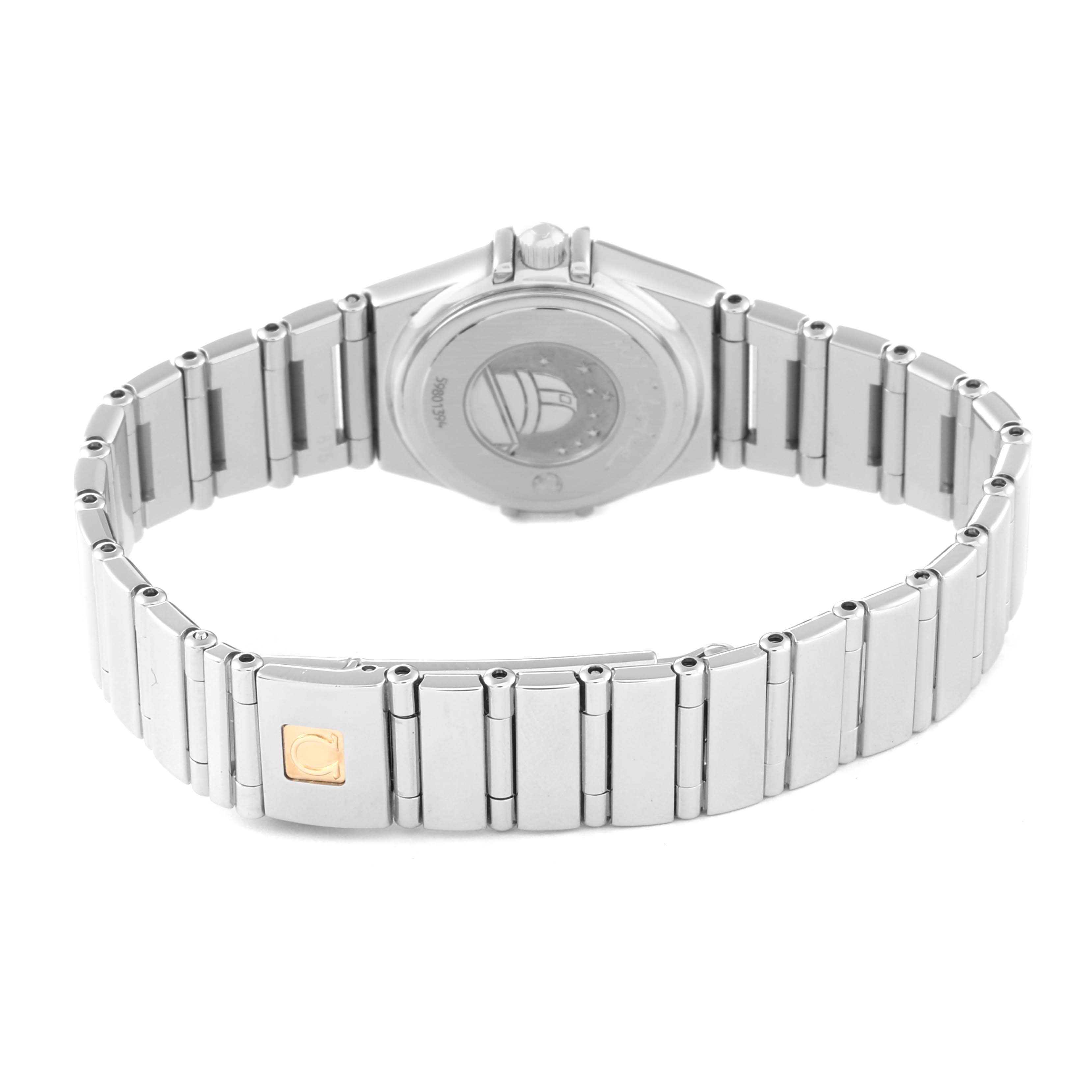The image shows the back and bracelet of the Omega 1465.79.00 Women's Stainless Steel Mother of Pearl Dial 1465.79.00 Women's Stainless Steel Mother of Pearl Dial Constellation Iris Steel Multi Stone Mother of Pearl Dial Ladies Watch model 1460.79.00.