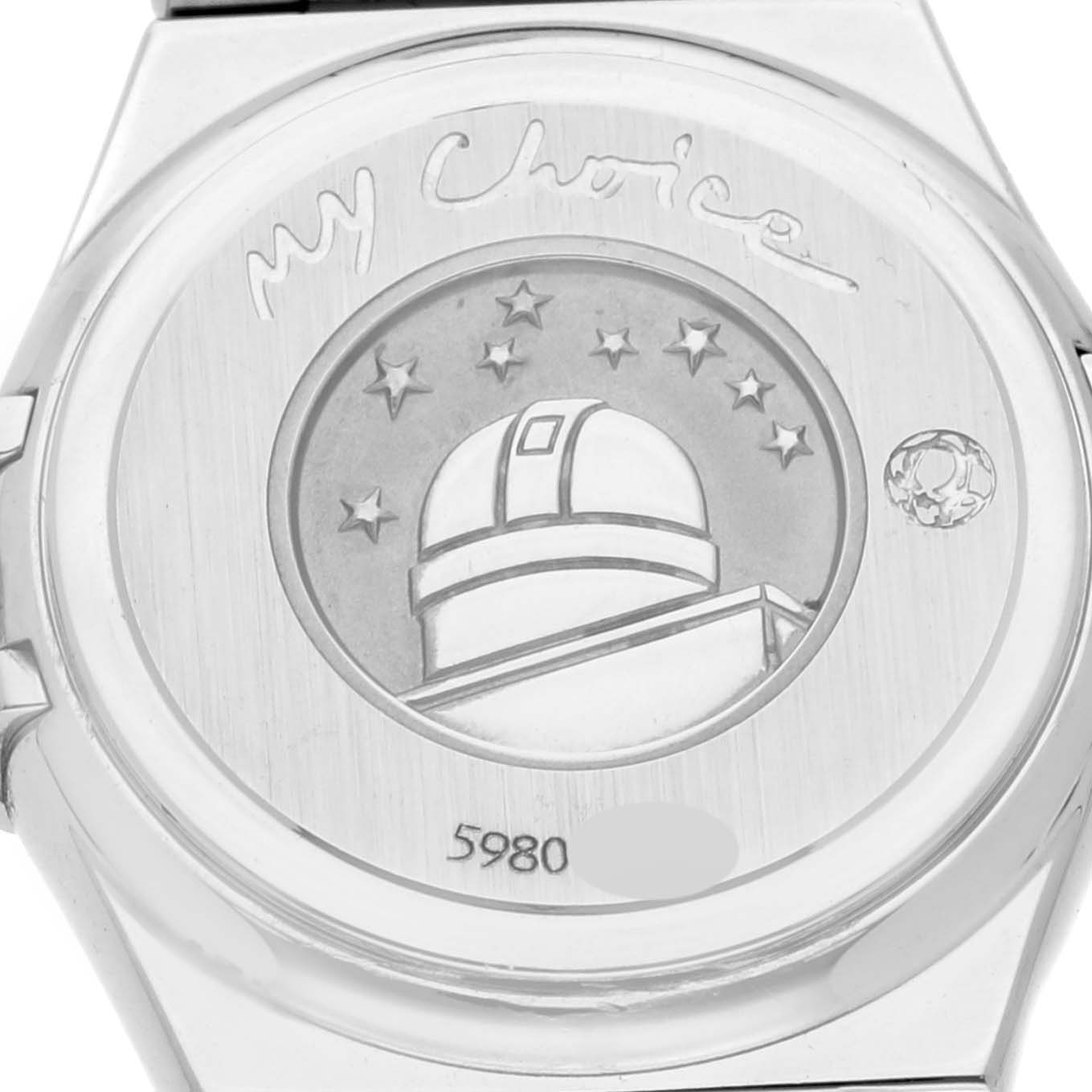 This image shows the engraved case back of the Omega 1465.79.00 Women's Stainless Steel Mother of Pearl Dial 1465.79.00 Women's Stainless Steel Mother of Pearl Dial Constellation Iris Steel Multi Stone Mother Of Pearl Dial Ladies Watch 1460.79.00.