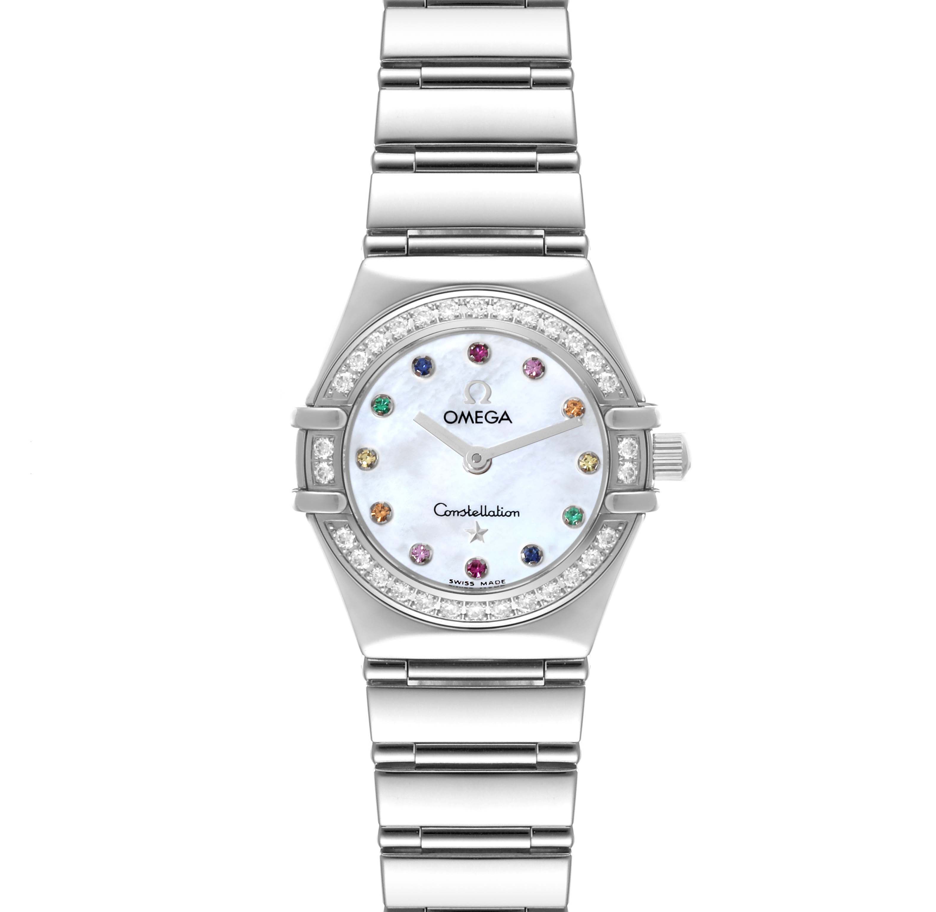 The Omega 1465.79.00 Women's Stainless Steel Mother of Pearl Dial 1465.79.00 Women's Stainless Steel Mother of Pearl Dial Constellation Iris Steel Multi Stone Mother Of Pearl Dial Ladies Watch 1460.79.00 is shown from a top-down angle, displaying the full face and bracelet.