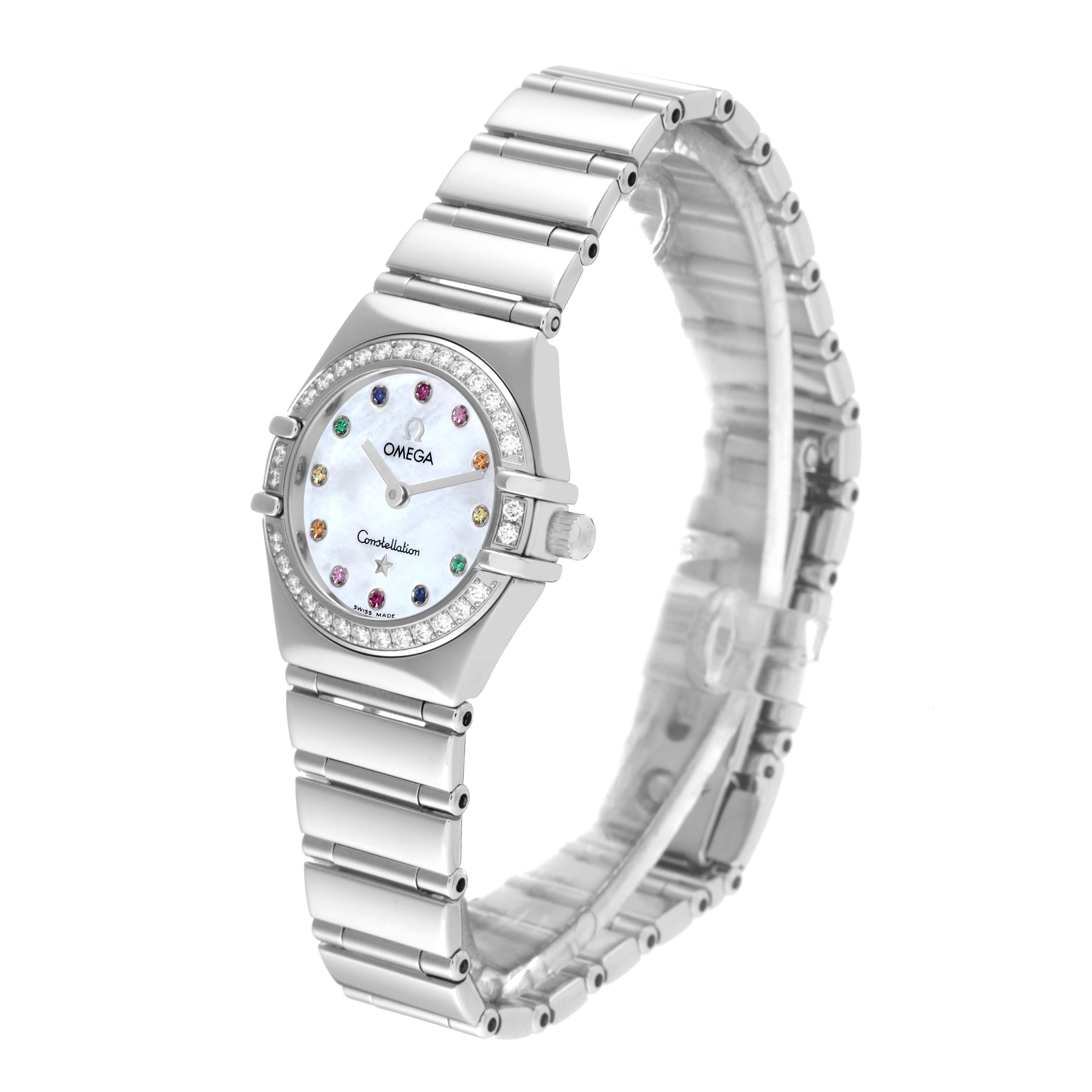 The image shows a side and front angle of the Omega 1465.79.00 Women's Stainless Steel Mother of Pearl Dial 1465.79.00 Women's Stainless Steel Mother of Pearl Dial Constellation Iris Steel Multi Stone Mother Of Pearl Dial Ladies Watch 1460.79.00.