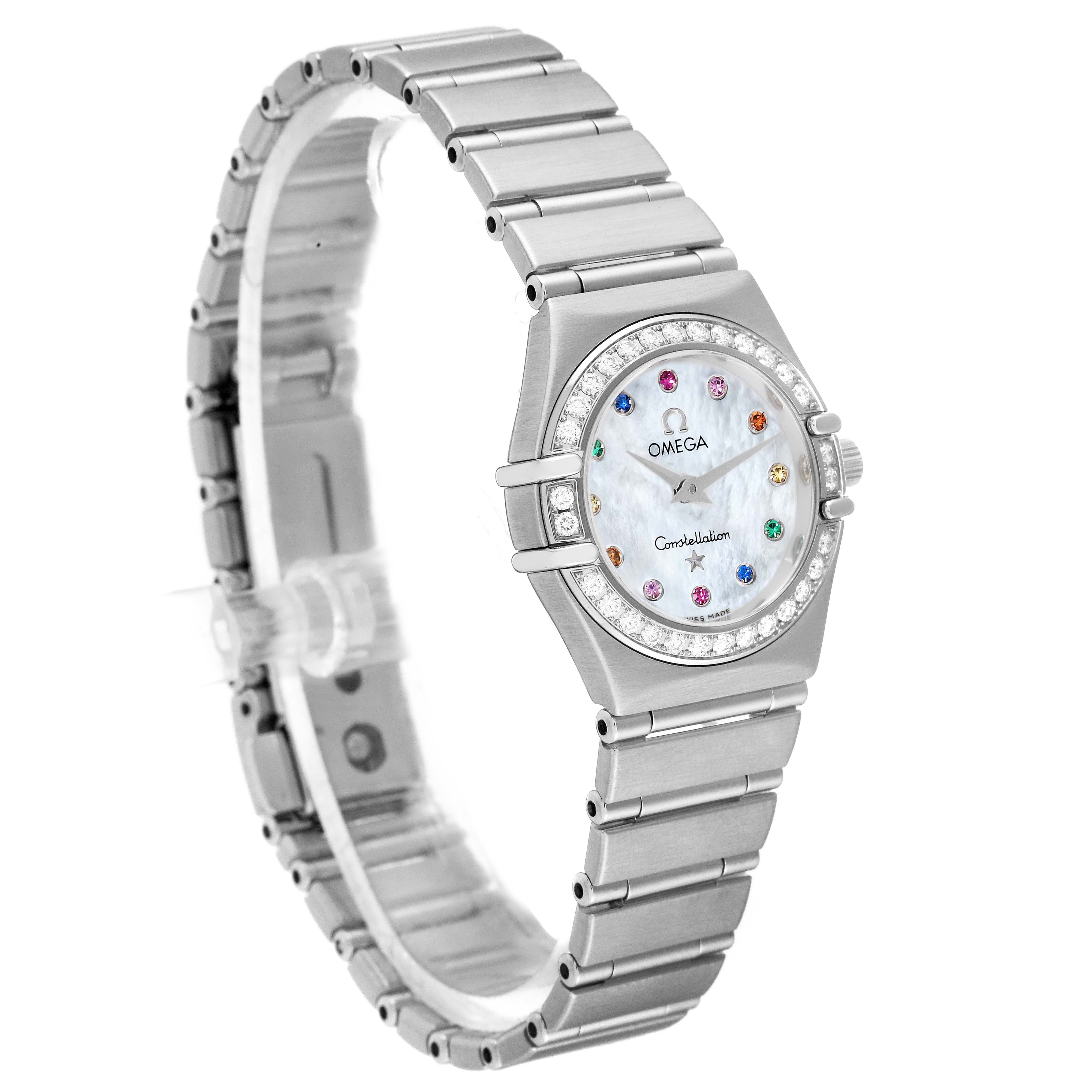 The image shows a side angle of the Omega 1460.79.00 Women's Stainless Steel Mother of Pearl Dial 1460.79.00 Women's Stainless Steel Mother of Pearl Dial Constellation Iris Steel Multi Stone Mother of Pearl Diamond Ladies Watch 1460.79.00 with a full view of its mother of pearl dial, bezel, and bracelet.