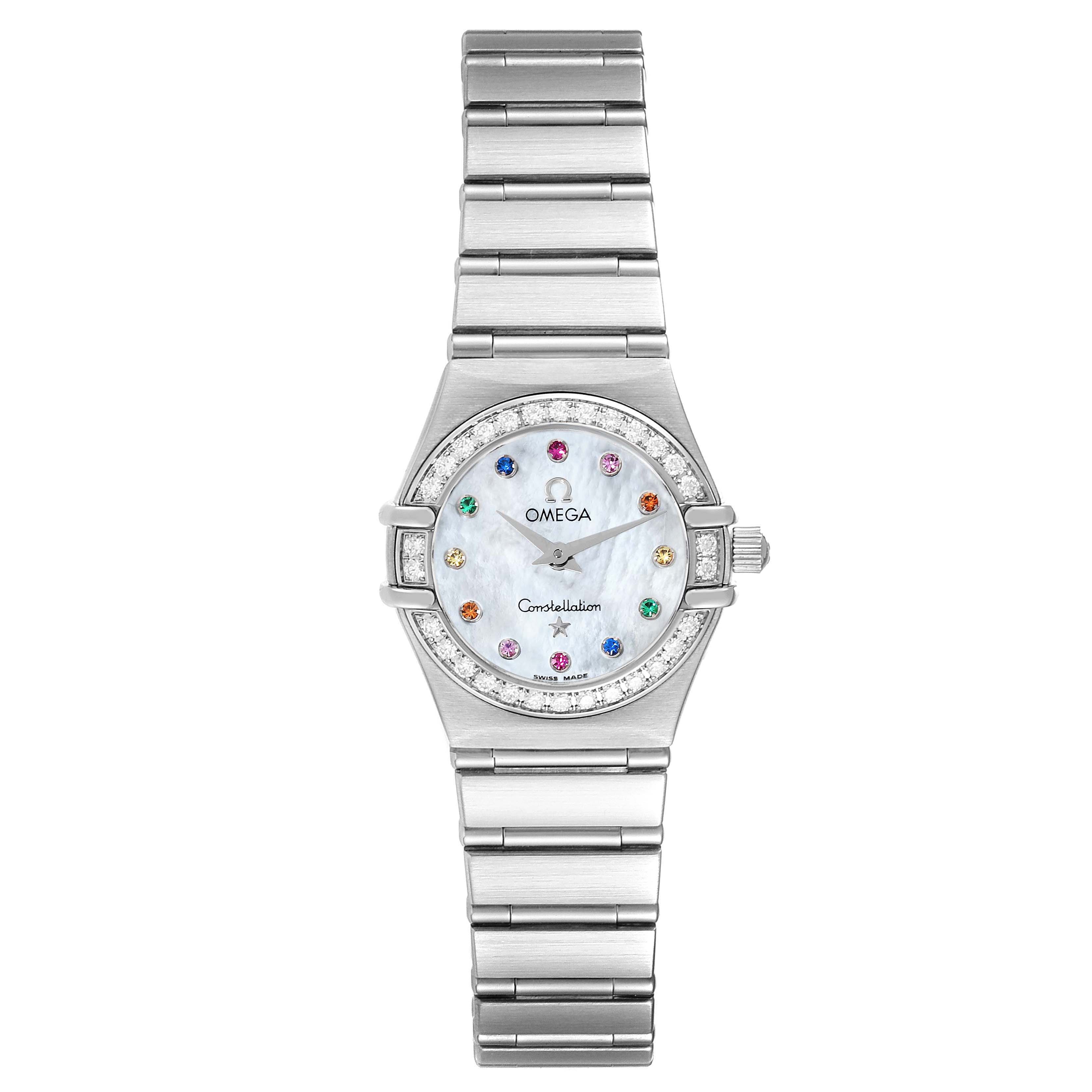 This image shows a front view of the Omega 1460.79.00 Women's Stainless Steel Mother of Pearl Dial 1460.79.00 Women's Stainless Steel Mother of Pearl Dial Constellation Iris Steel Multi Stone Mother of Pearl Diamond Ladies Watch model 1460.79.00.